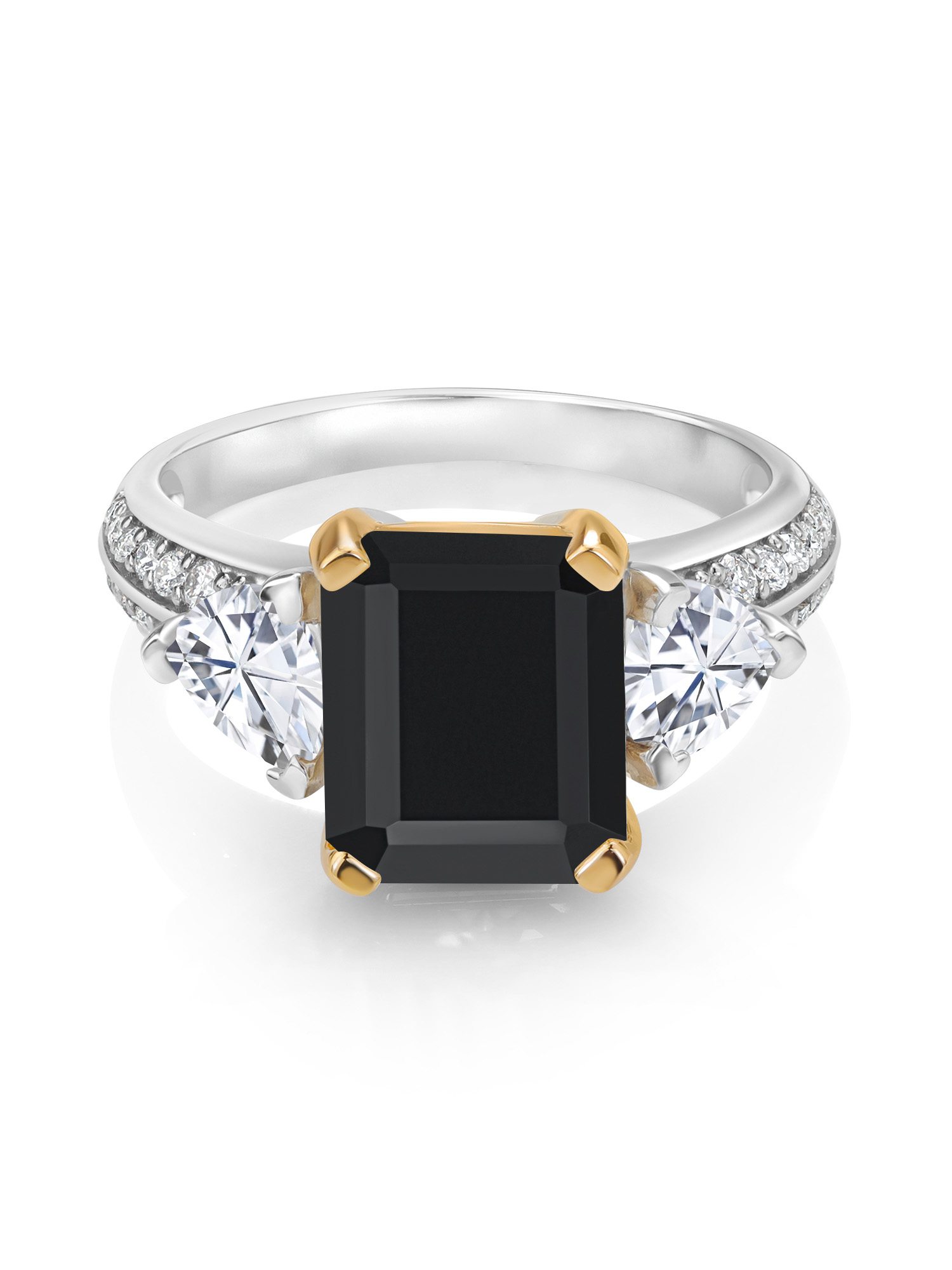 Gem Stone King 925 Sterling Silver and 10K Yellow Gold Black Onyx and White Moissanite 3 Stone Engagement Ring For Women (4.26 Cttw, Octagon Cut 10X8MM, Available In Size 5, 6, 7, 8, 9)