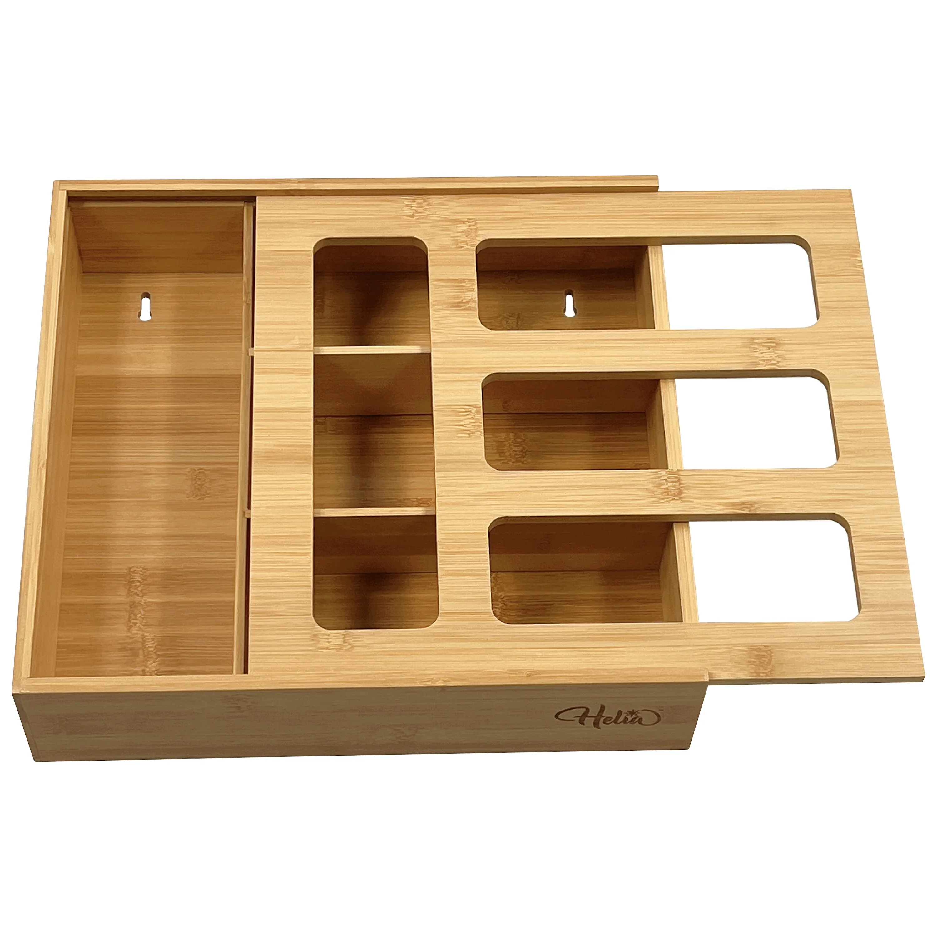 HELIA Bamboo Zip Storage Bag Organizer | Solid Bamboo Food Storage Bag Holder for Kitchen Plastic Bag Storage | Plastic Bag Organizer for Drawer | Sandwich Bag Organizer for Drawer