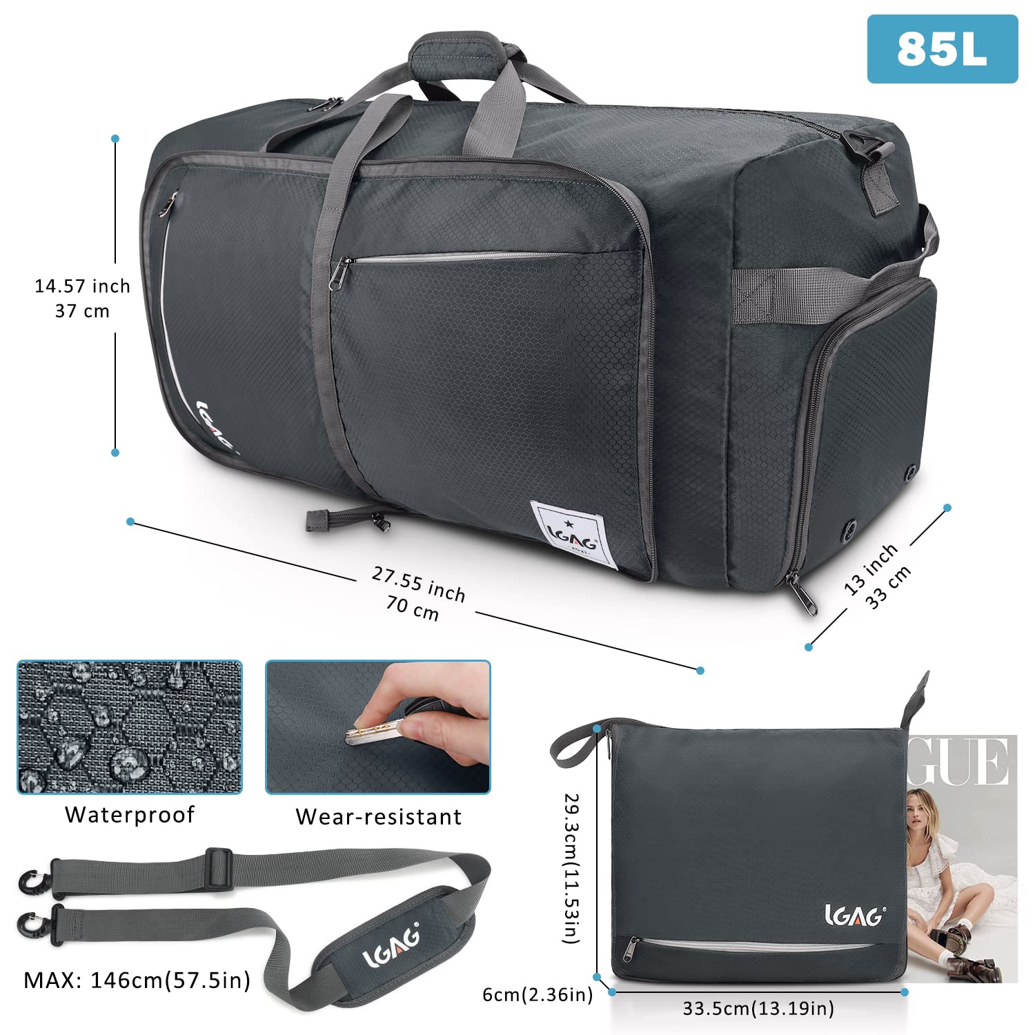 85L Duffle Bag for Men Women, 26'' Extra Large Foldable Duffle Bag for Travel, Waterproof Gym Sports Overnight Weekender Travel Duffle Bag with Shoe Compartment, Packable Duffel Bag for Traveling,Gray
