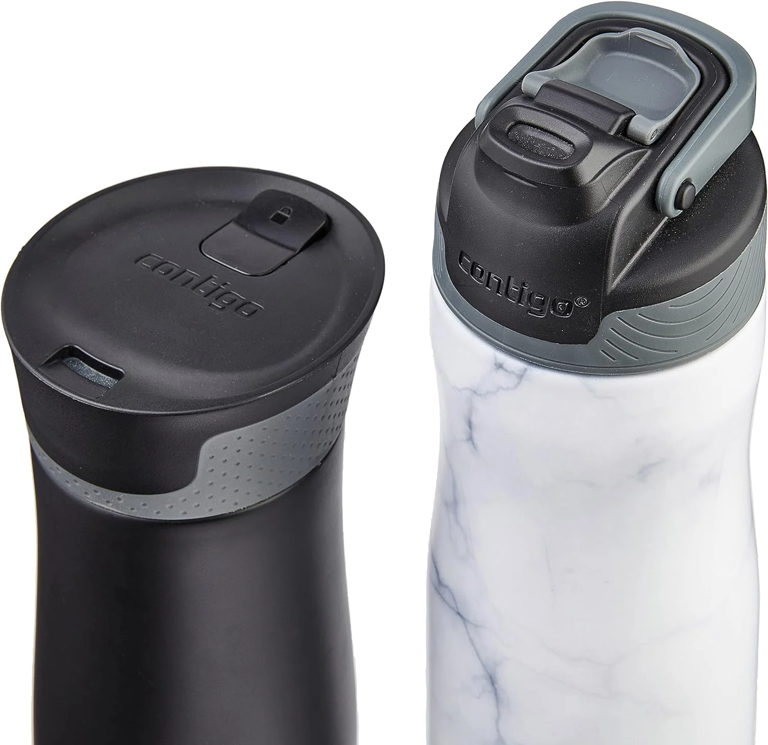 Contigo AUTOSEAL Chill Vacuum-Insulated Stainless Steel Water Bottle, 24oz, White Marble, & AUTOSEAL West Loop Vacuum-Insulated Stainless Steel Travel Mug with Easy-Clean Lid, 16oz, Black, 2-Pack