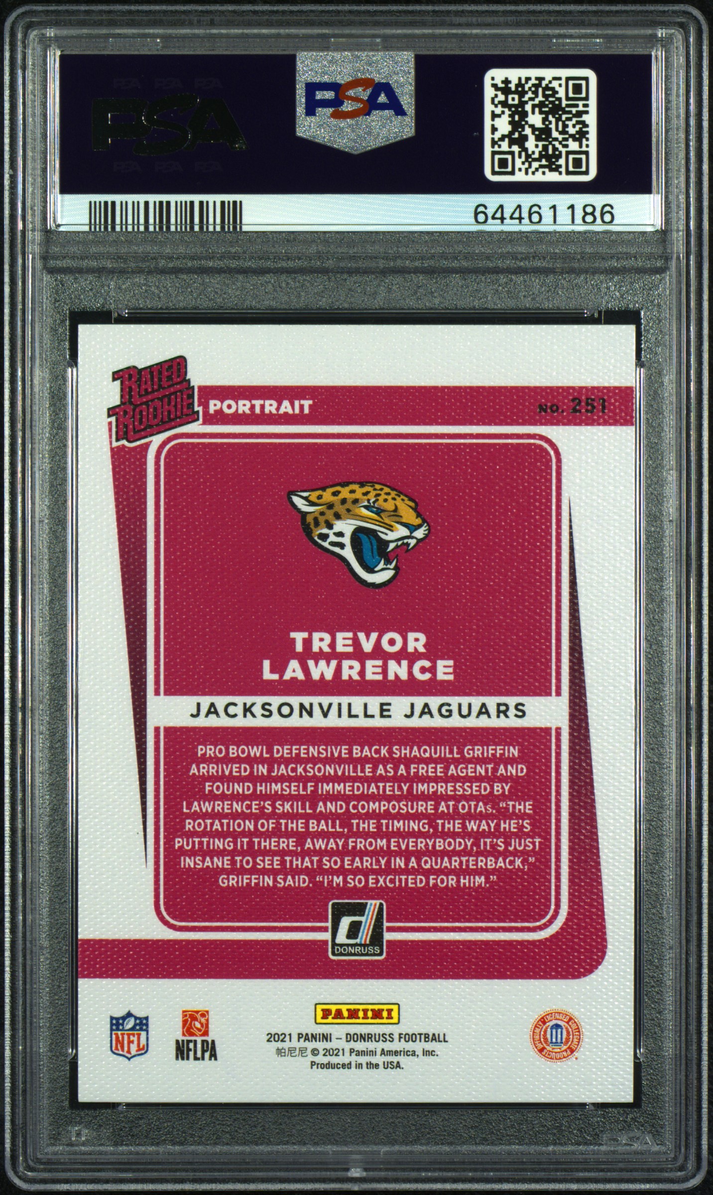 Trevor Lawrence 2021 Donruss Rated Rookie Portrait Card #251 PSA 10 Gem Mint