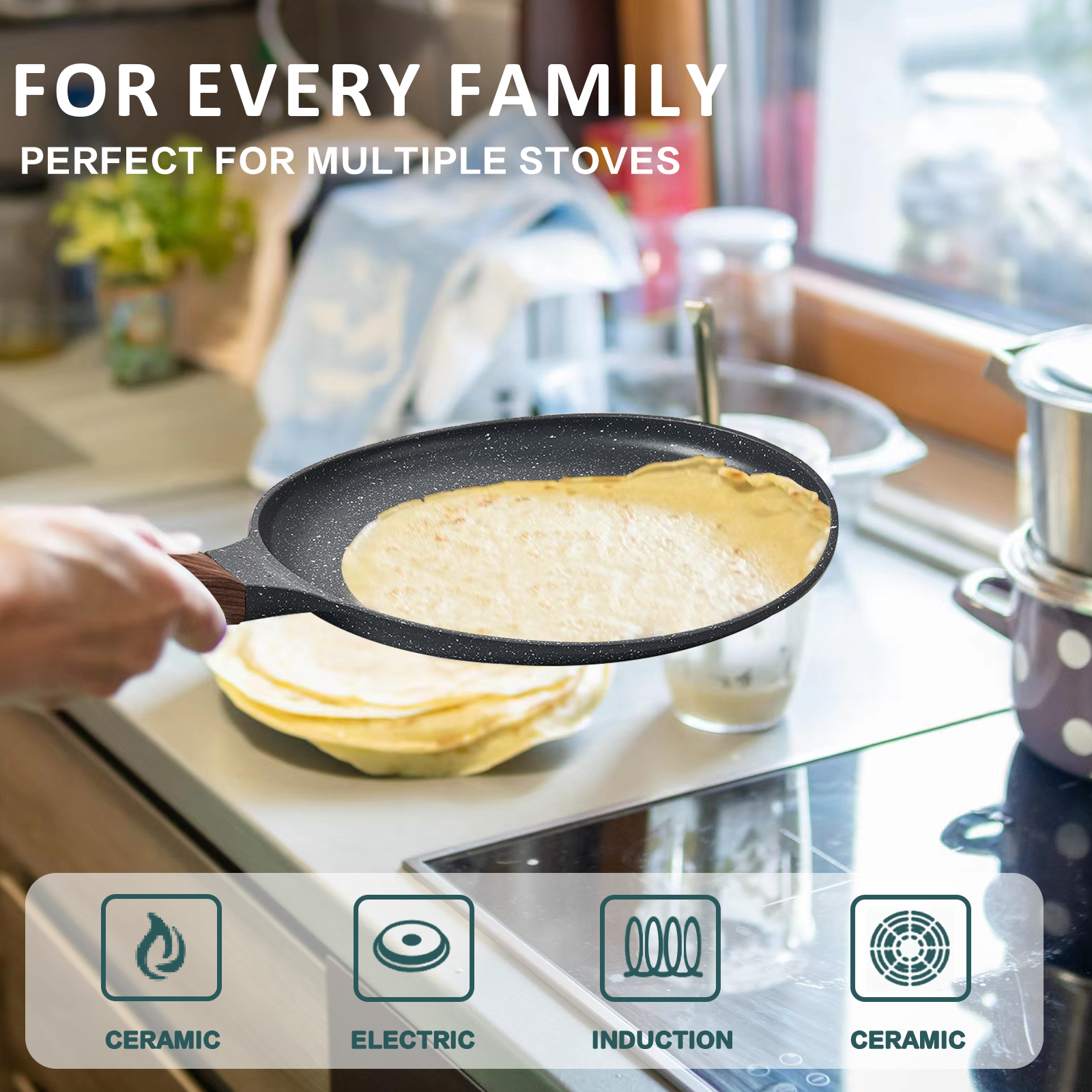 Crepe Pan Nonstick Dosa Tawa Pan,11 inch Flat Pan,Skillet Pan,Cast Aluminum Tortilla Pan for Pancake Omelette Steak Frying Egg with Ergonmic Handle,For All Stoves