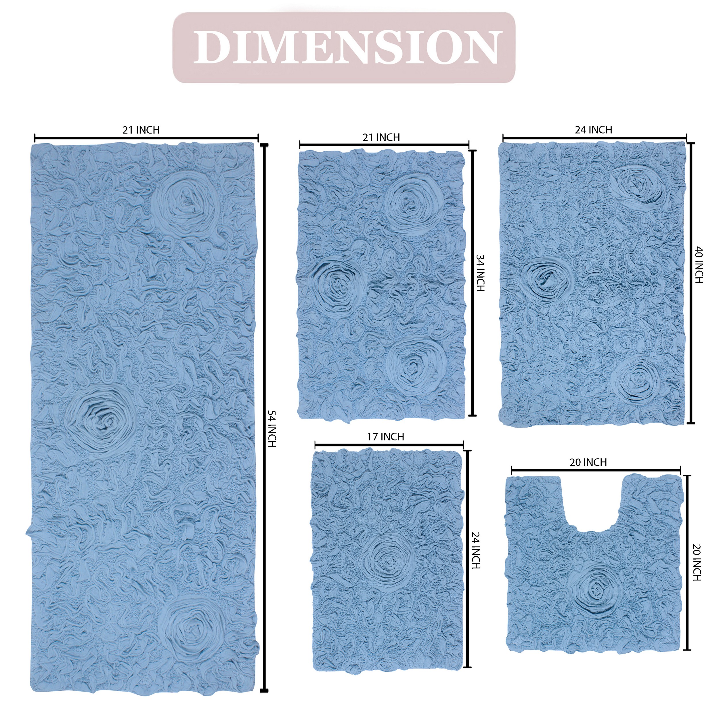 Home Weavers Inc Bell Flower Collection 100% Cotton Non-Slip Bathroom Rug Set, Machine Washable Bath Rug, 5 Piece Bath Mat Set with Runner Sky Blue