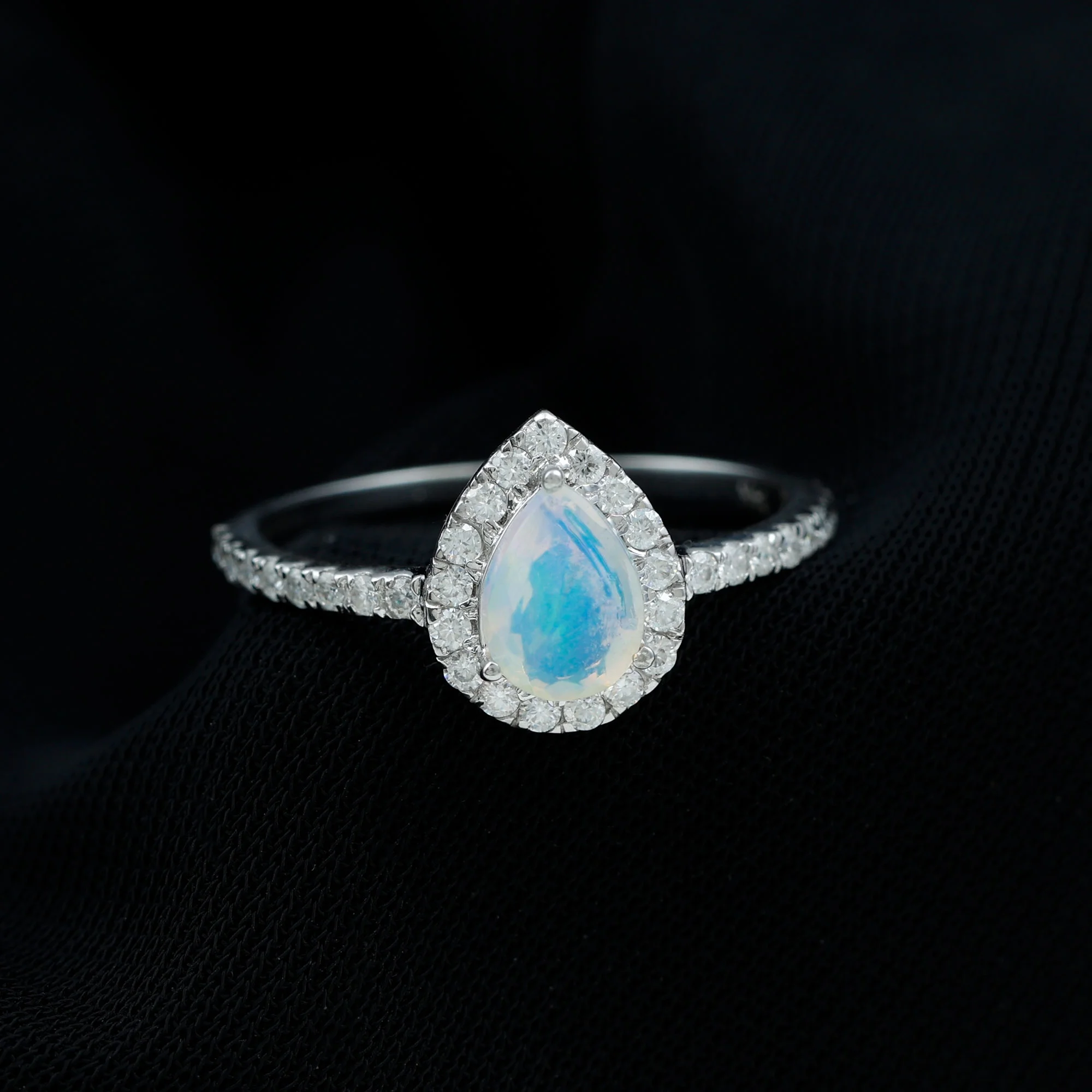 Ethiopian Opal Teardrop Ring with Diamond Halo (1 CT, AAA Quality), 14K White Gold, US 5.50