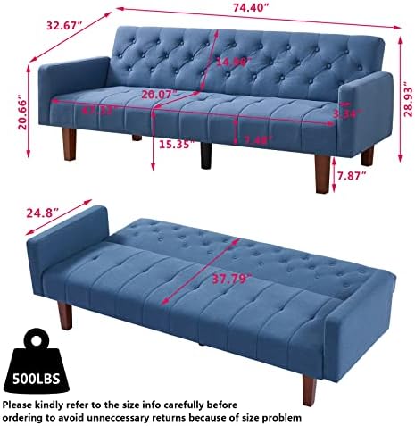 NLIBOOMLife Tufted Linen Futon Sofa Couch Bed for Living Room Convertible Fabric Blue Upholstered Sleeper Futon Guest Bed Twin Size with Solid Wood Legs for Small Spaces