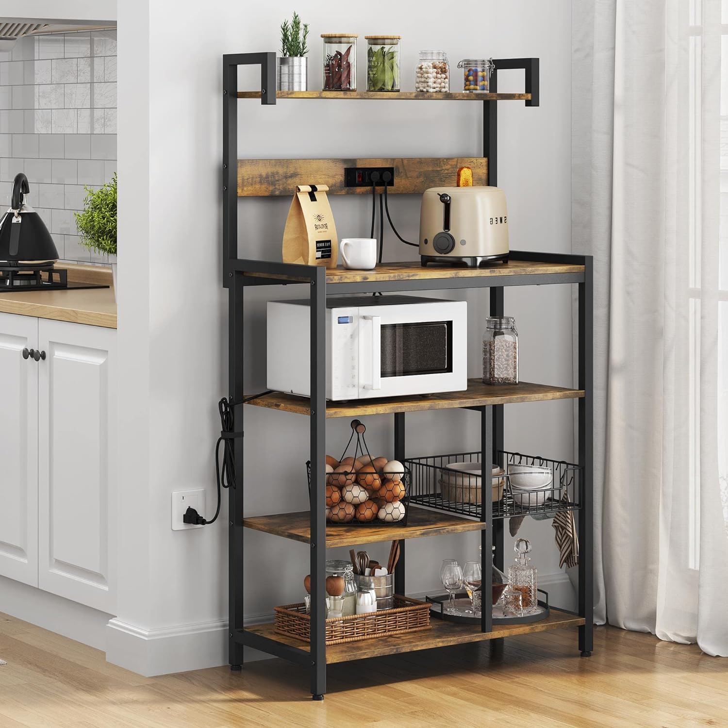 xrboomlife Bakers Rack with Power Outlet  Microwave Stand with Wire Basket & 6 S-Hooks  Coffee  Station w/5-Tier  Shelves    Unit for Dinning Room/Living Room  Rustic Brown