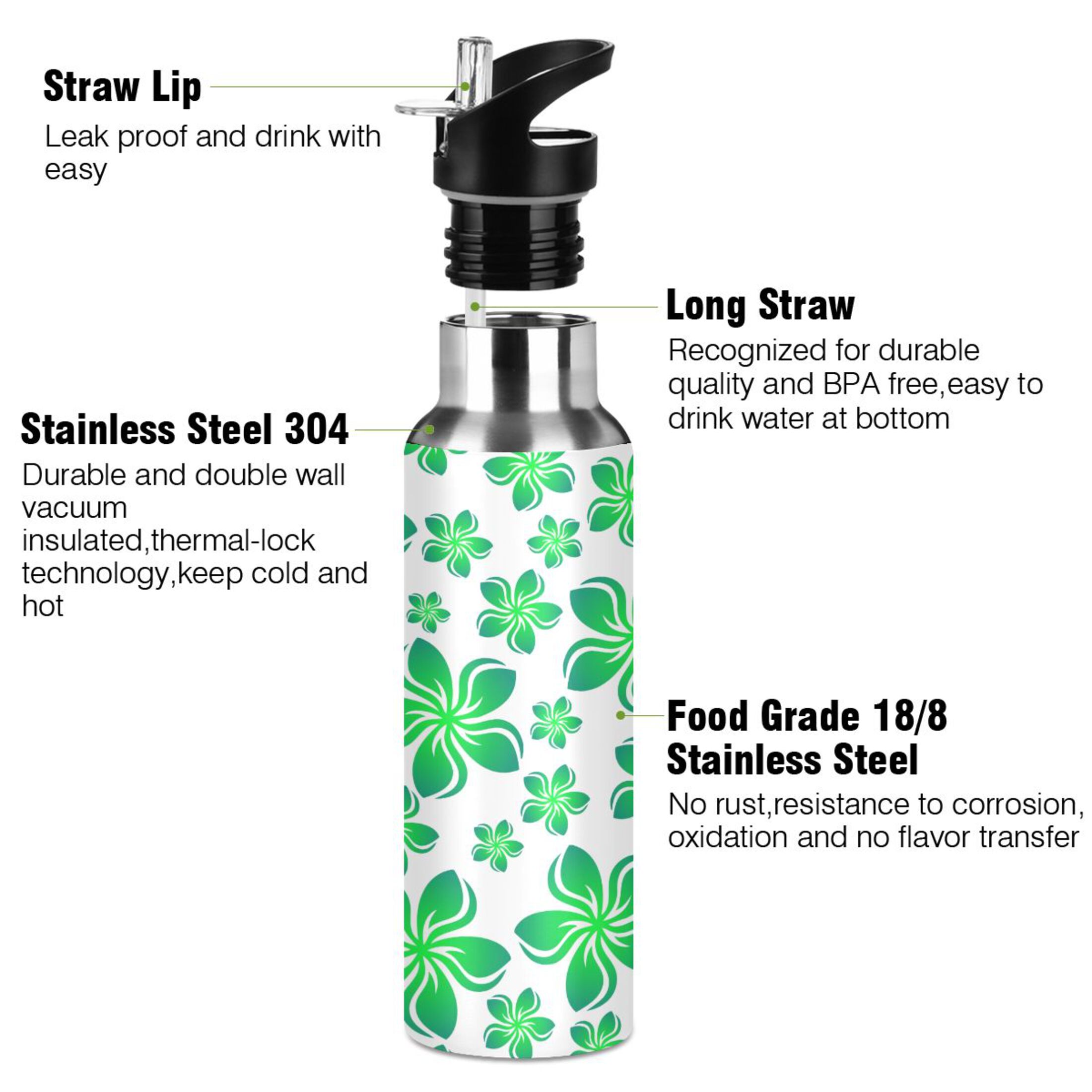 Water Bottle with Straw Lid Leak Flowers Green Stainless Steel Insulated Thermos Vacuum Flask for Cold Hot Drinking for Sports Camping Gym Yoga