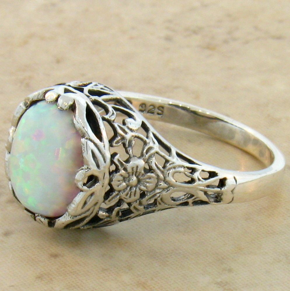 VICTORIAN DESIGN 925 STERLING SILVER LAB-CREATED OPAL CLASSIC ANTIQUE STYLE RING    #798