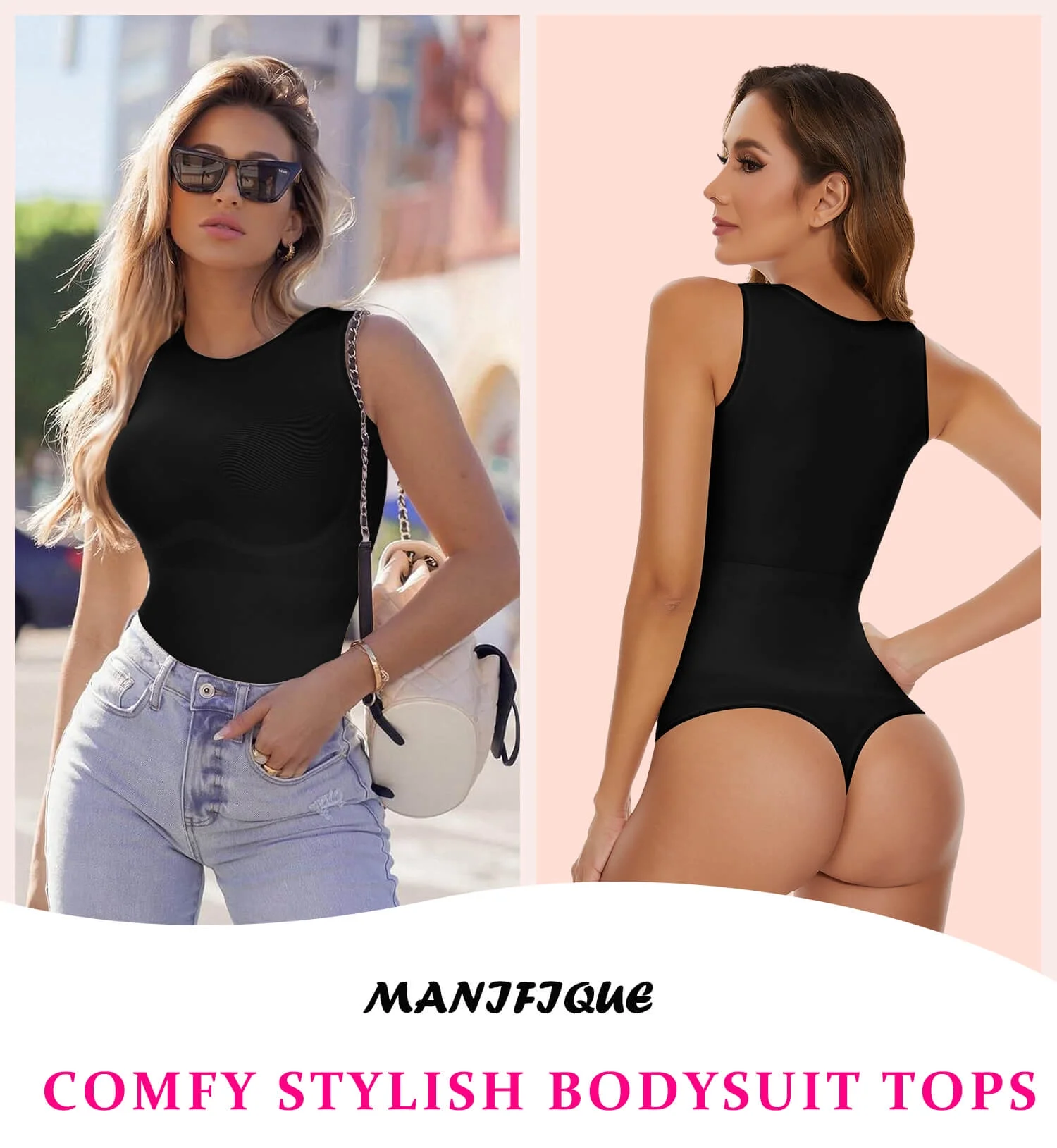 MANIFIQUE 3 Packs Shapewear Bodysuits for Women Tummy Control - Sleeveless Crew Neck Thong Boduysuit Seamless Sculpting Body Shaper