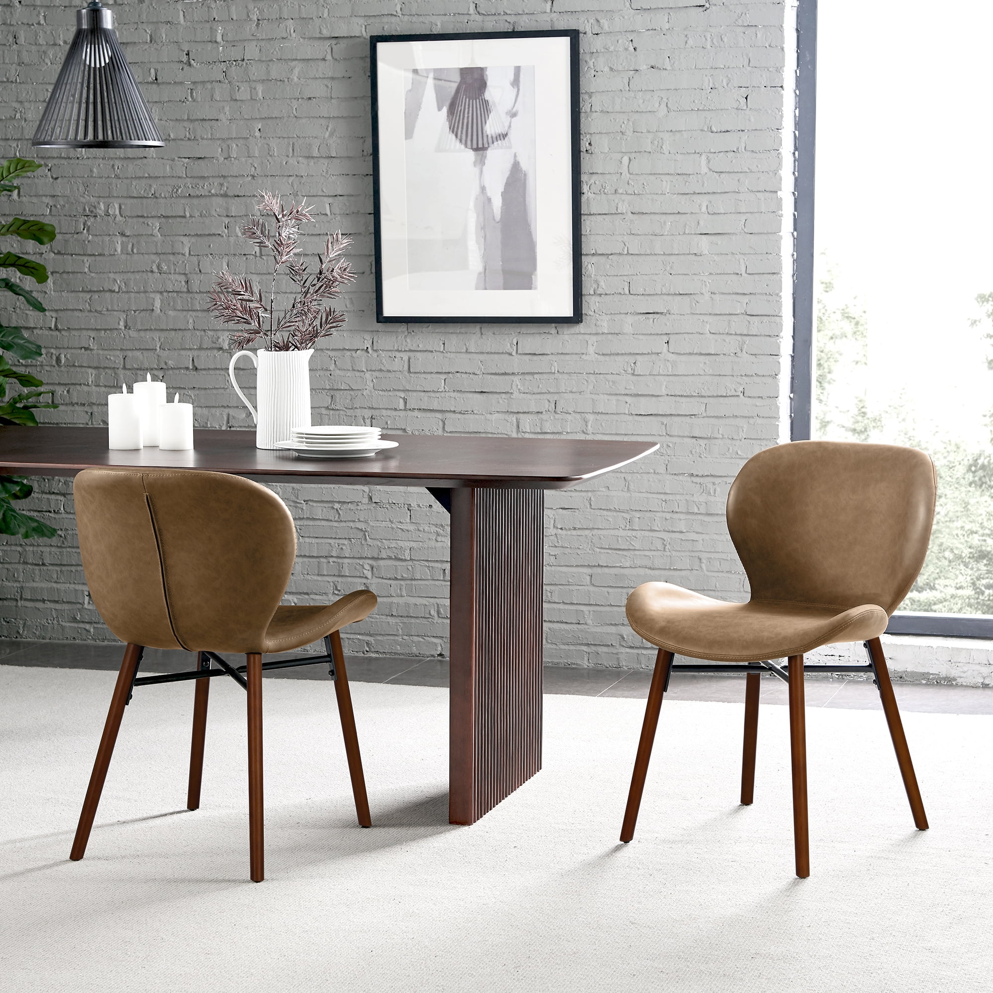 WELLET Mid Century Leather Dining Chairs, Wood Legged, Set of 2, Brown