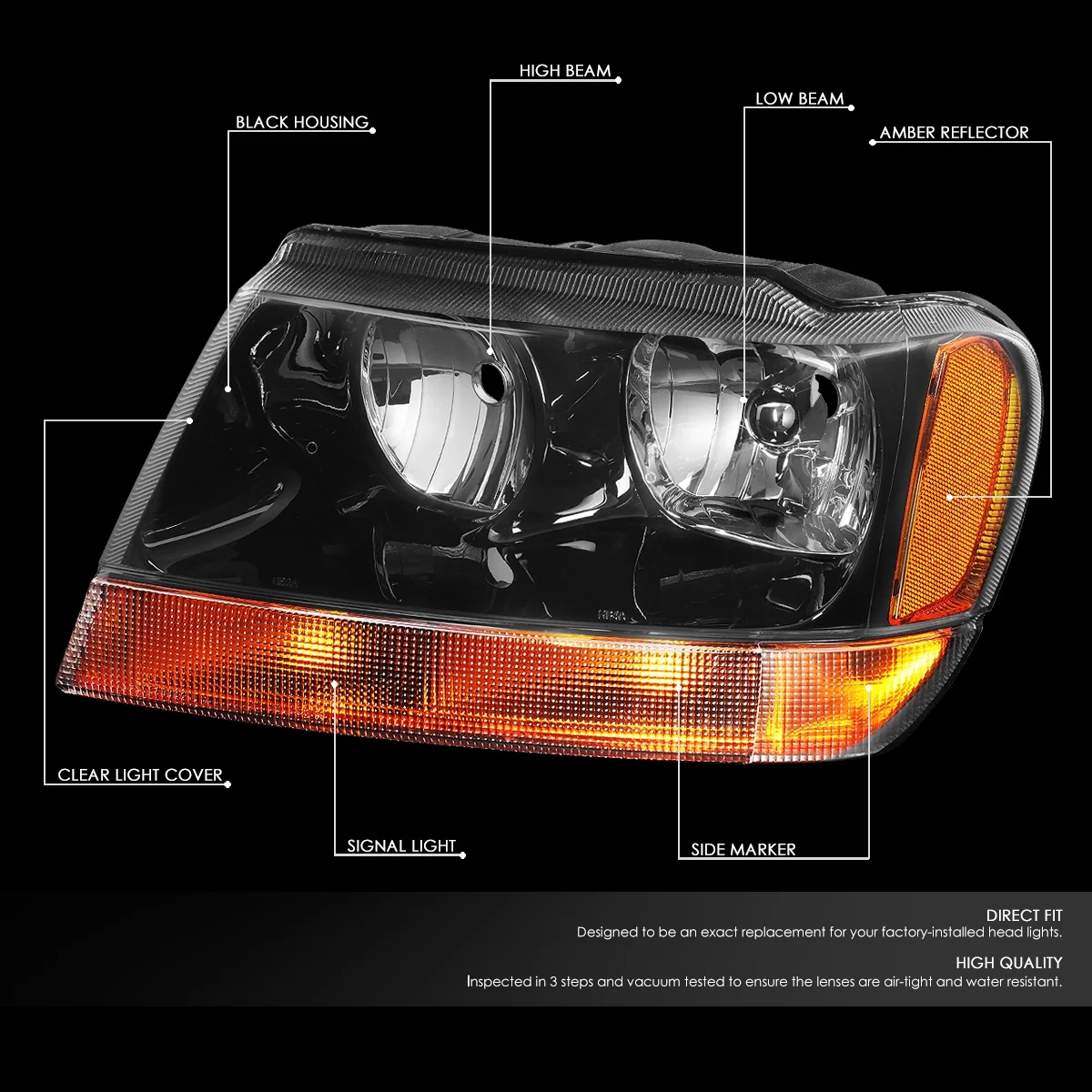 DNA Motoring HL-OH-JGC99-BK-AM-T2 For 1999 to 2004 Jeep Grand Cherokee Black Housing Amber Side Headlight Headlamps WJ 00 01 02 03 Left + Right