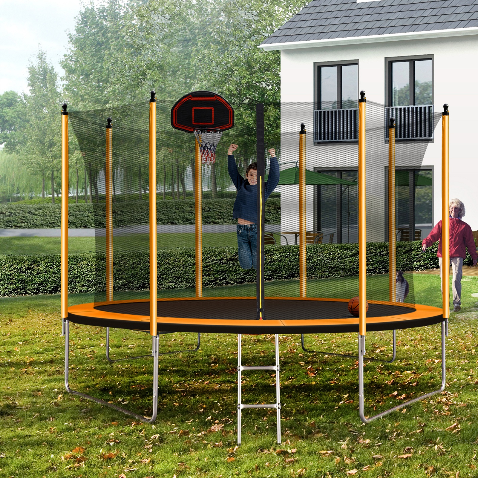 Trampoline 10ft Recreational Trampolines Fitness Trampolines Trampoline with Basketball Hoop and Ladder Outdoor Trampoline Adults & Kids Toddlers