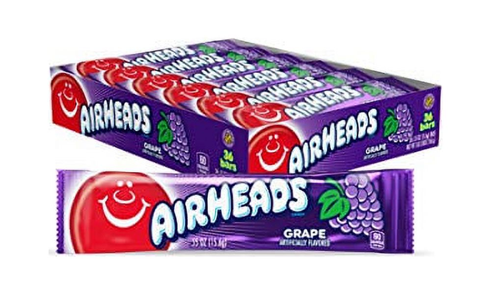 Airheads Candy, Grape Flavor, Individually Wrapped Full Size Bars, Taffy, Non Melting, Party, Pack of 36 Bars