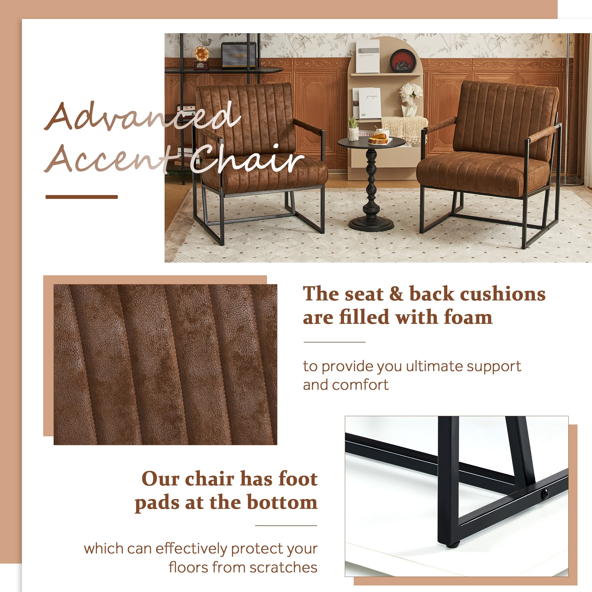 Mid-Century Modern Accent Chair Faux/Leather Armchair with Metal Frame Brown