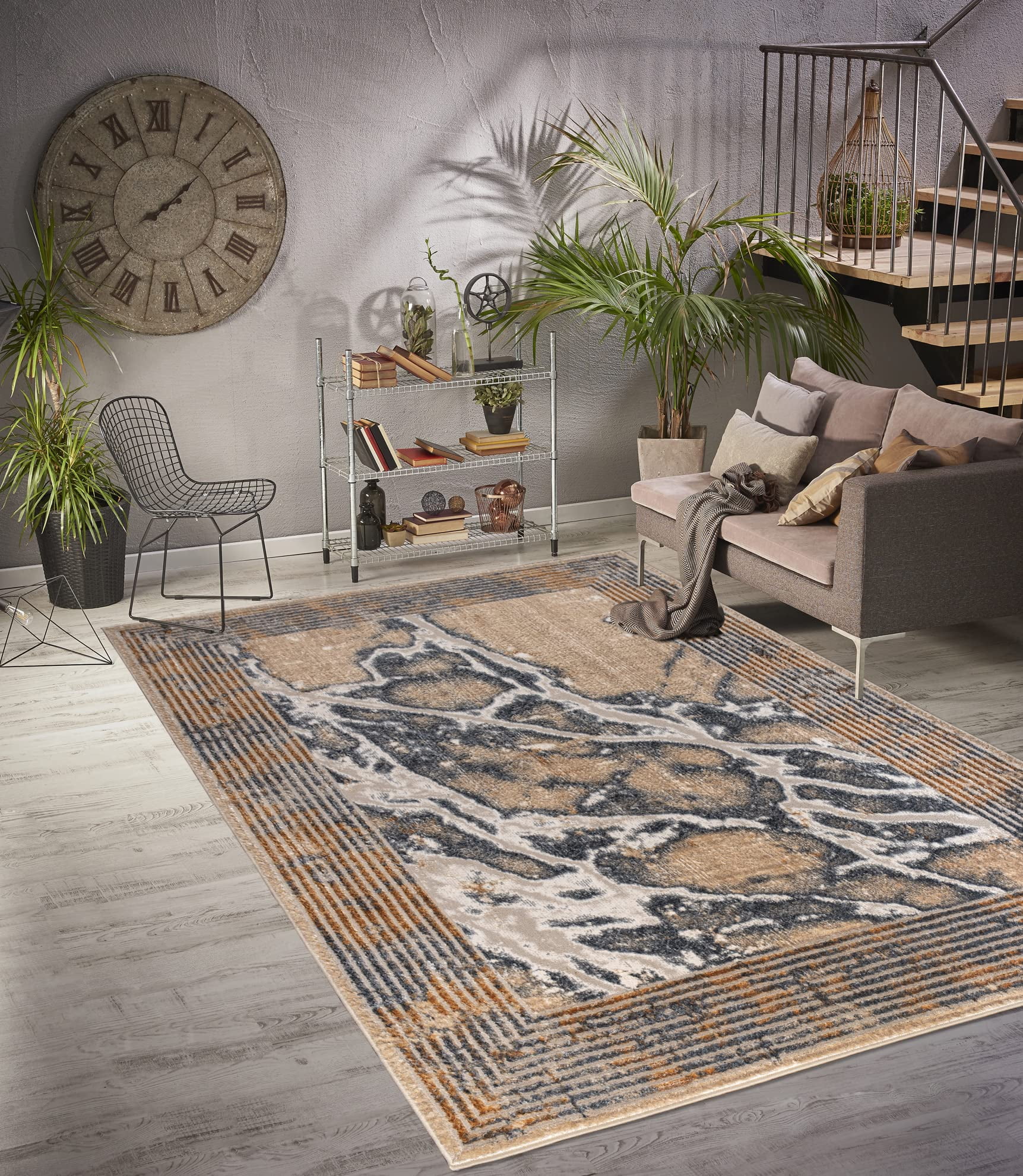 LaDole Rugs Contemporary Marble Pattern Bordered Abstract Modern Area Rug - Premium Durable 5x8 Carpet for Living Room, Bedroom, and Office - Silver, Beige and Grey, 5x7, 5'3