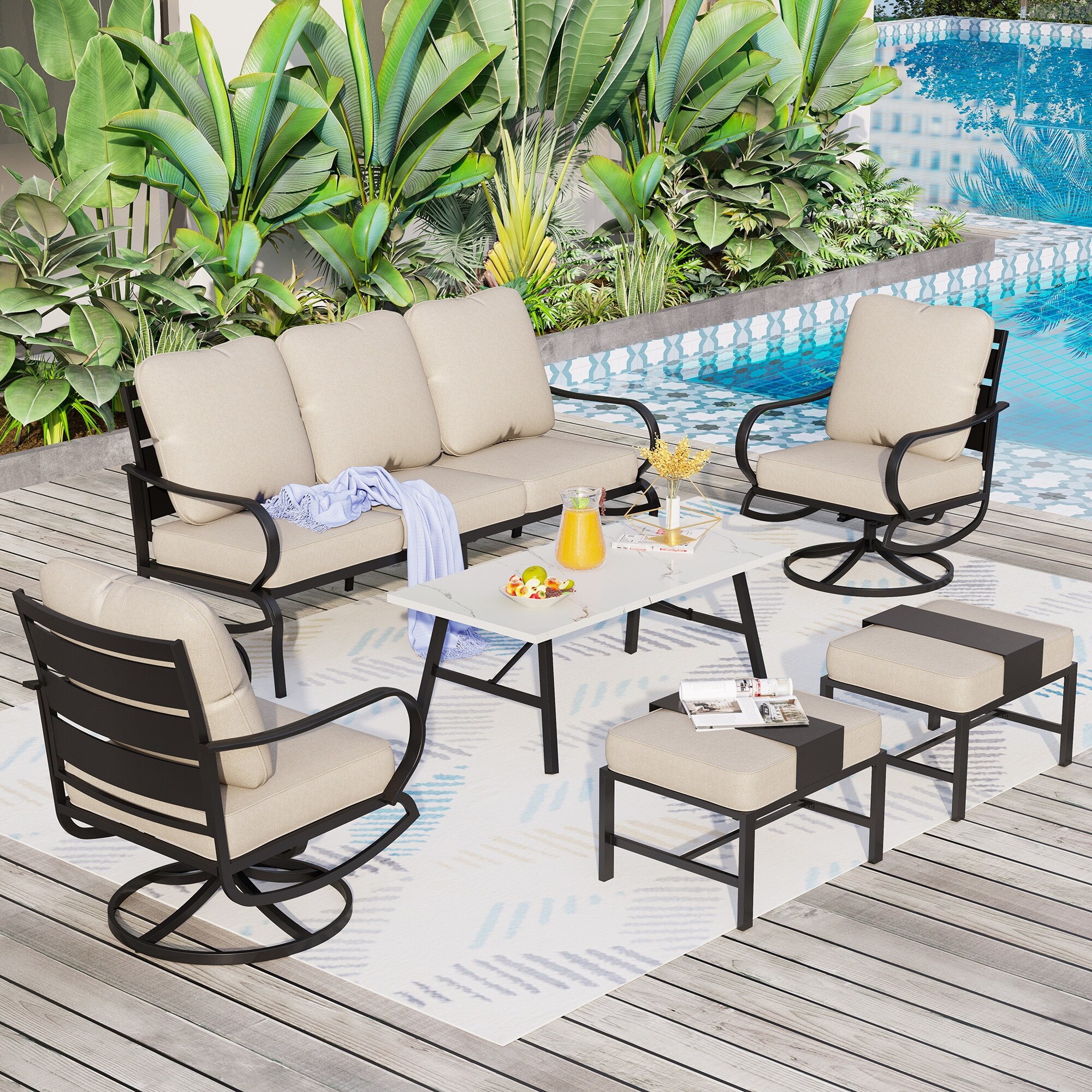 5/7/9-Seat Patio Conversation Set, Outdoor Sofa Set with Single Sofa Chairs, 3-Seater Sofa, Ottoman and Coffee Table 6-Piece - Set 2-Swivel Chairs