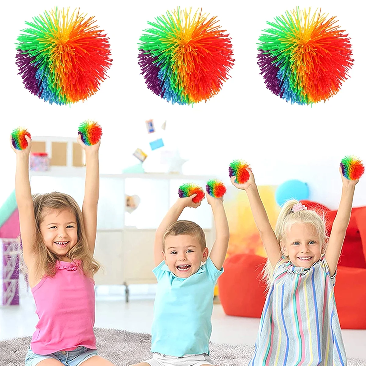 Hands DIY 12pcs Monkey Stringy Balls Stress Relief Silicone Monkey Stringy Balls BPA-free Sensory Rainbow Splat Balls Anxiety Reduce Fluffy Rainbow Balls for Children Adults