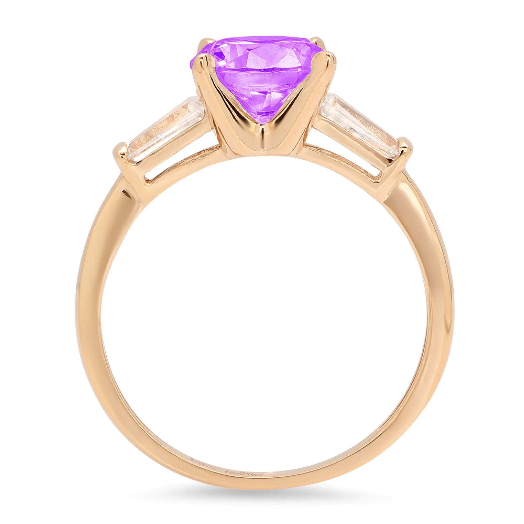 2.0ct Round Cut Purple Natural Amethyst 18k Yellow Gold Engraving Statement Anniversary Engagement Wedding Three-Stone Ring Size 3.5