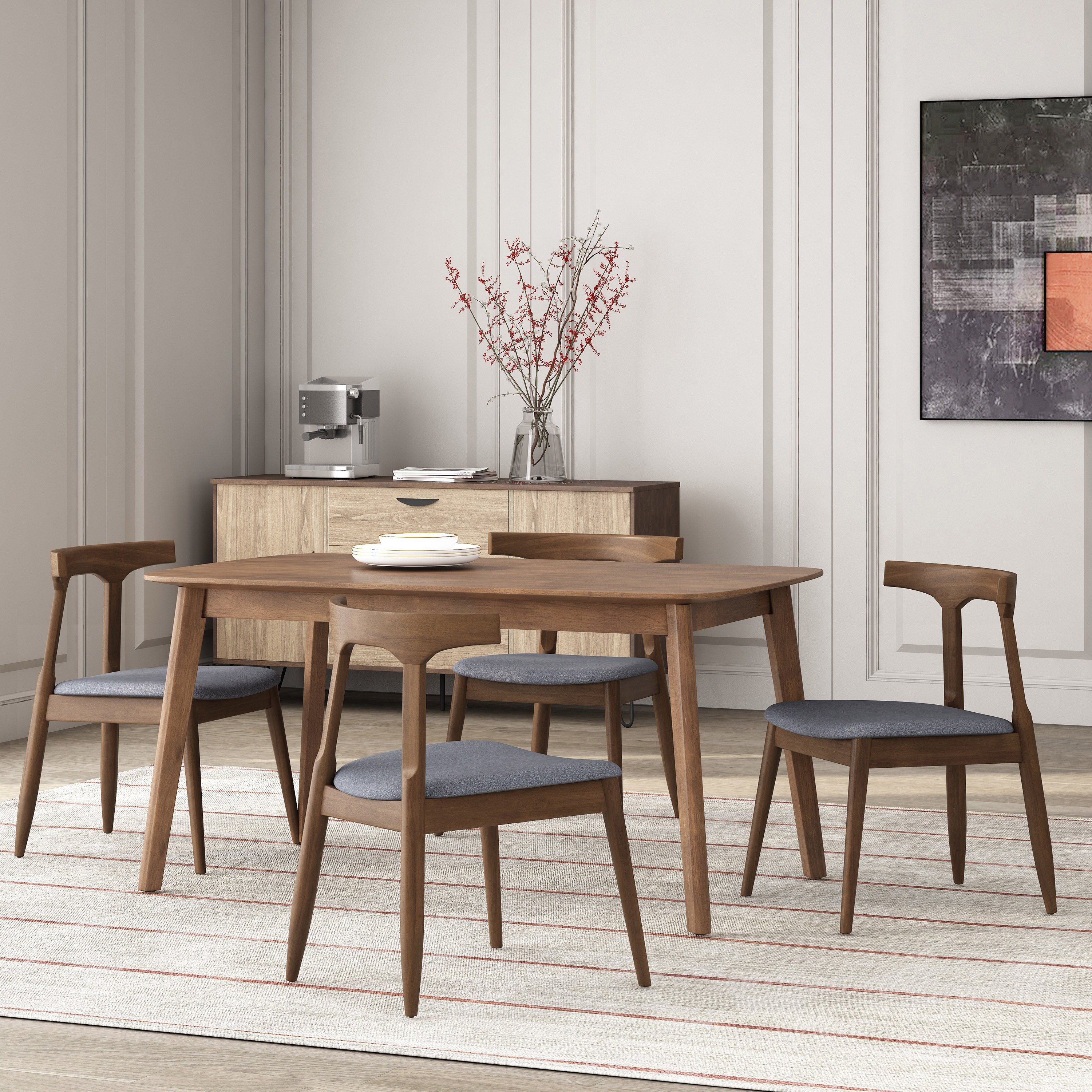 GDF Studio Danmore Mid Century Modern Fabric Upholstered Dining Chairs, Set of 4, Walnut and Charcoal