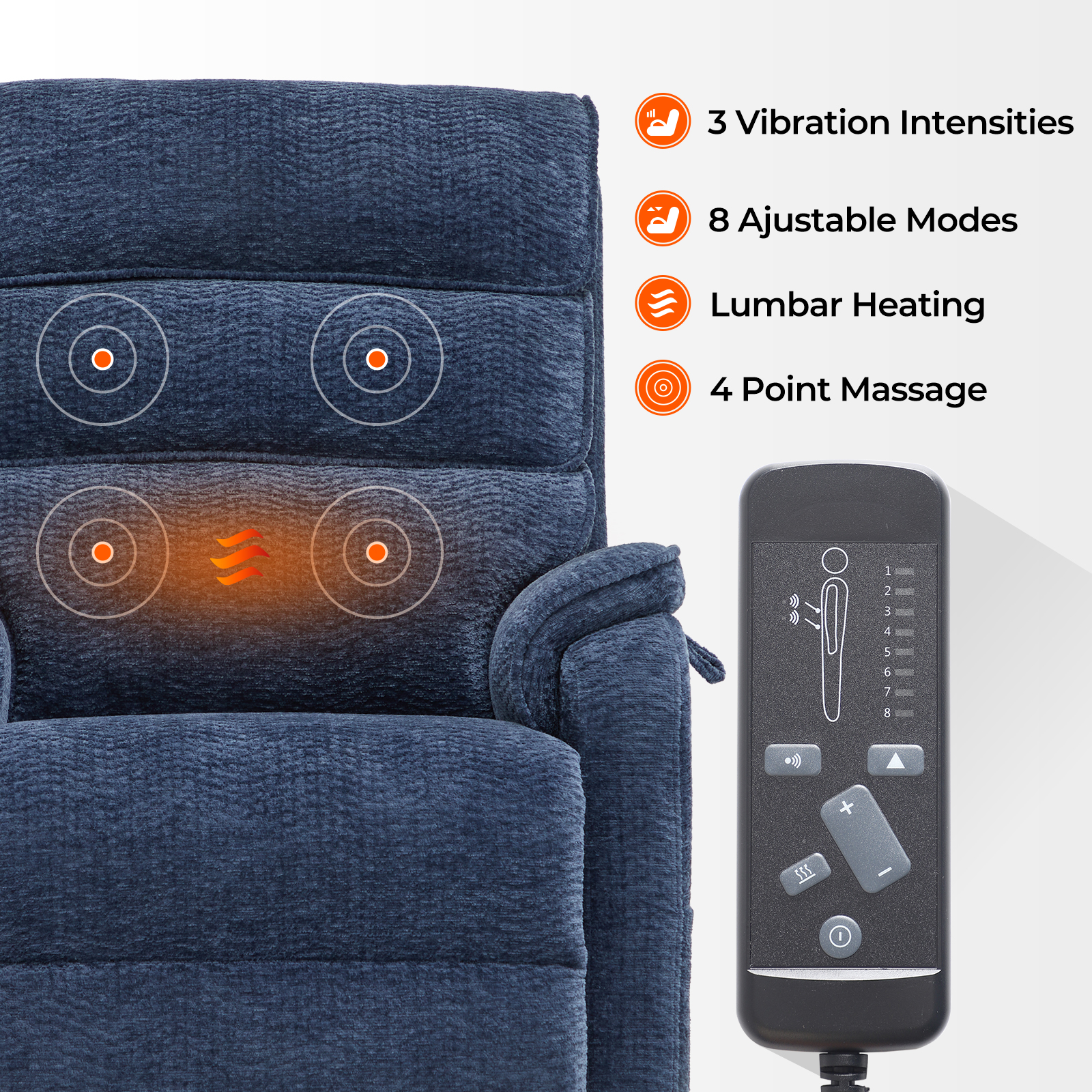 Dual Motor Lift Recliner with Massage Heating (Blue Chenille-9188)