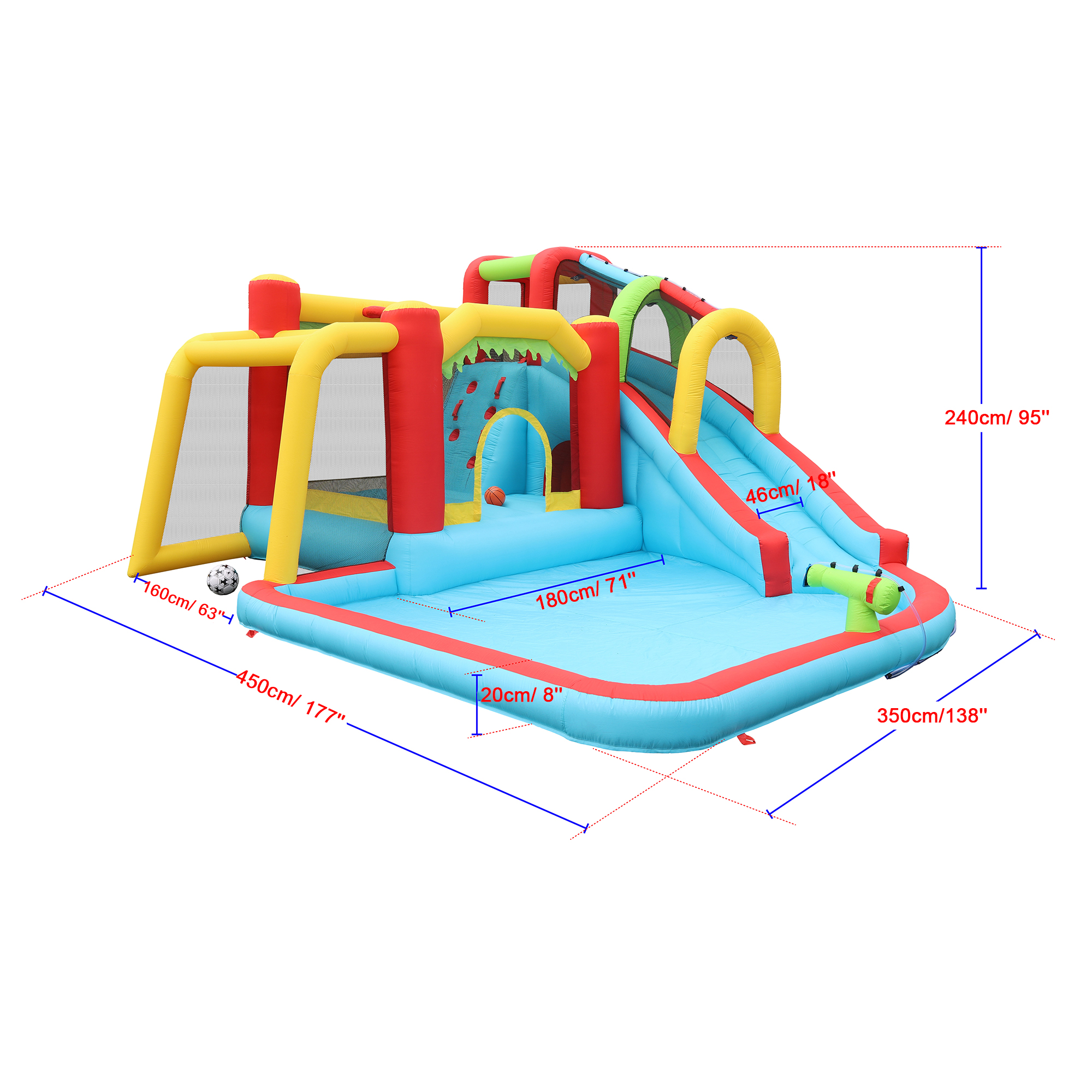 7 in 1 Inflatable Slide Water Park Bouncing House Outdoor Soccer Garden Bouncer with Splash Pool & Water Gun & Climbing Wall & Basketball & Football
