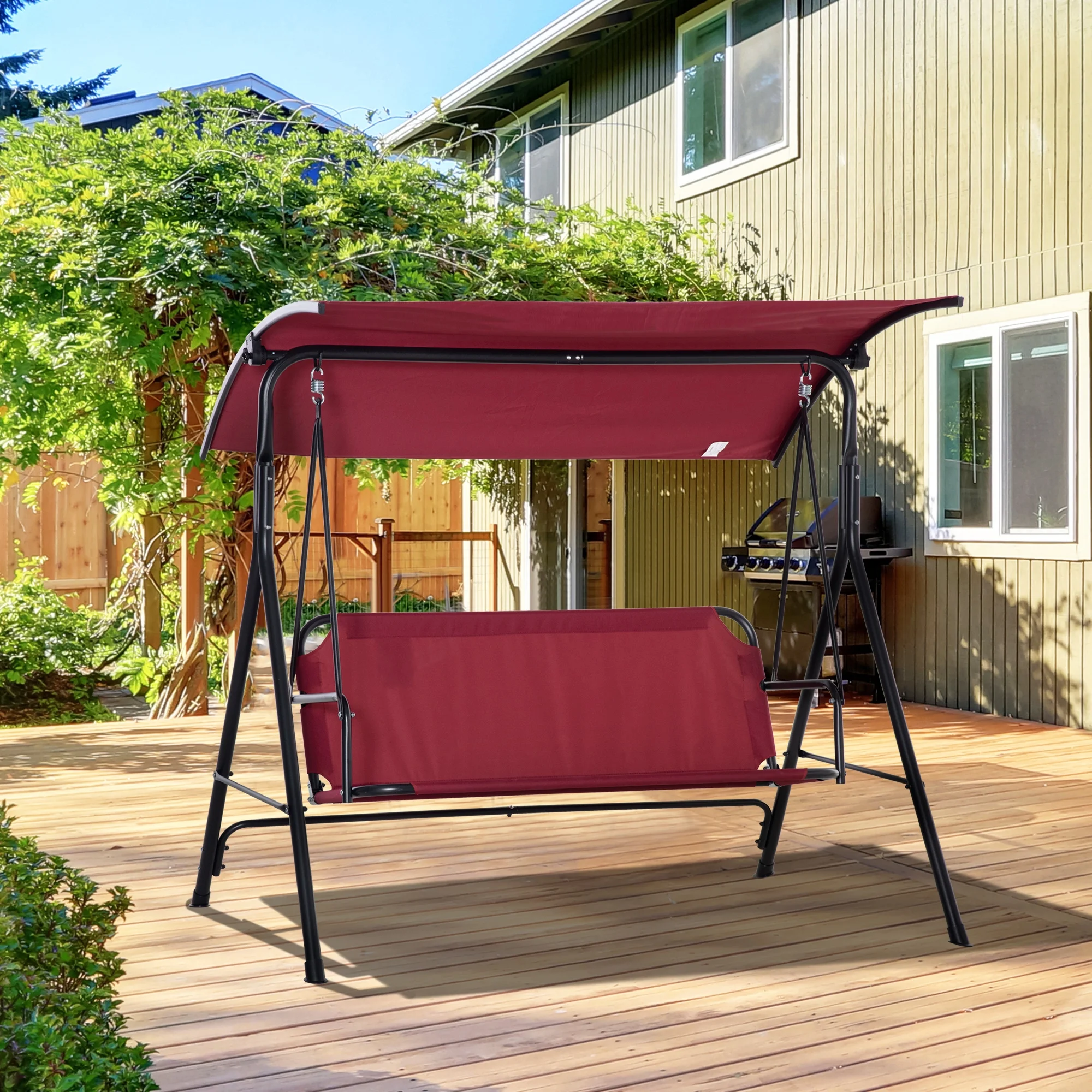 Outsunny 3-Person Porch Swing with Stand, Outdoor Swing for Patio Porch with Adjustable Tilt Canopy and Comfortable Swing Bench-Style Seat, Steel Frame, Red