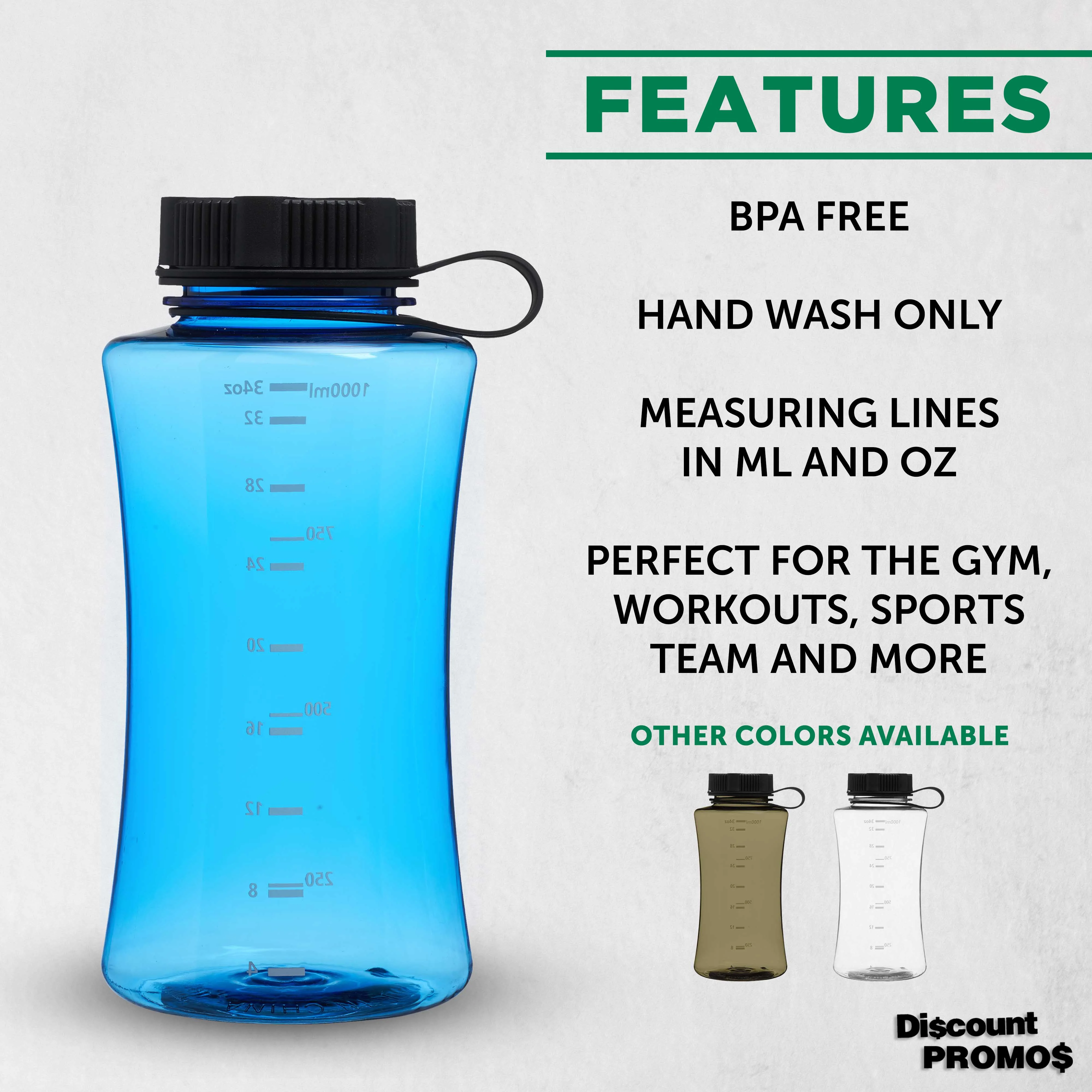 6 Plastic Sports Bottles Set, 34 oz. - BPA Free, Tritan, Screw on Lid - Blue