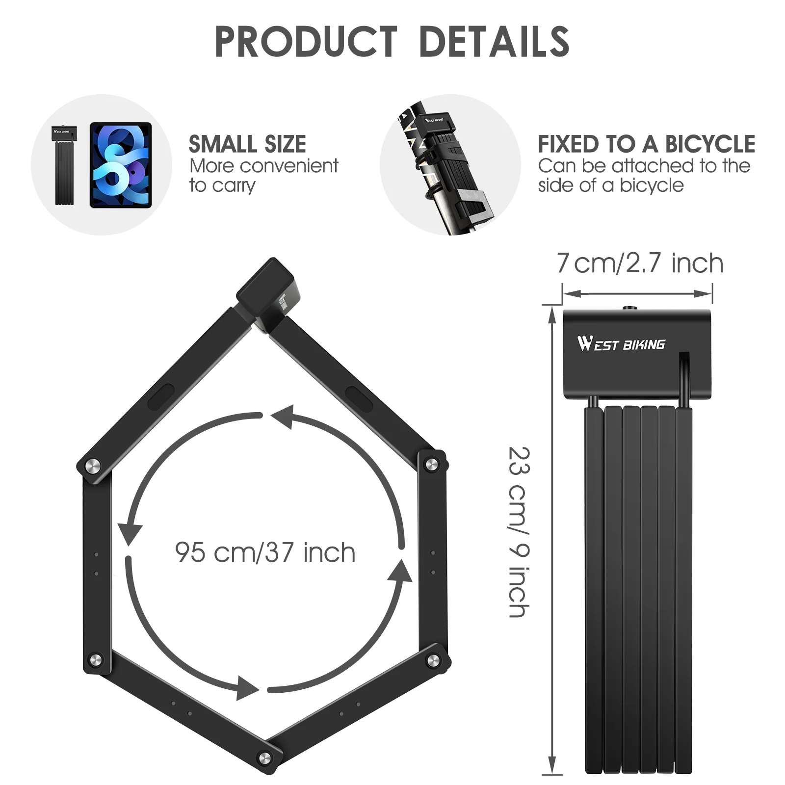 WEST BIKING 39in Foldable Steel Heavy-Duty Anti-Theft Bicycle Lock with 2 Keys