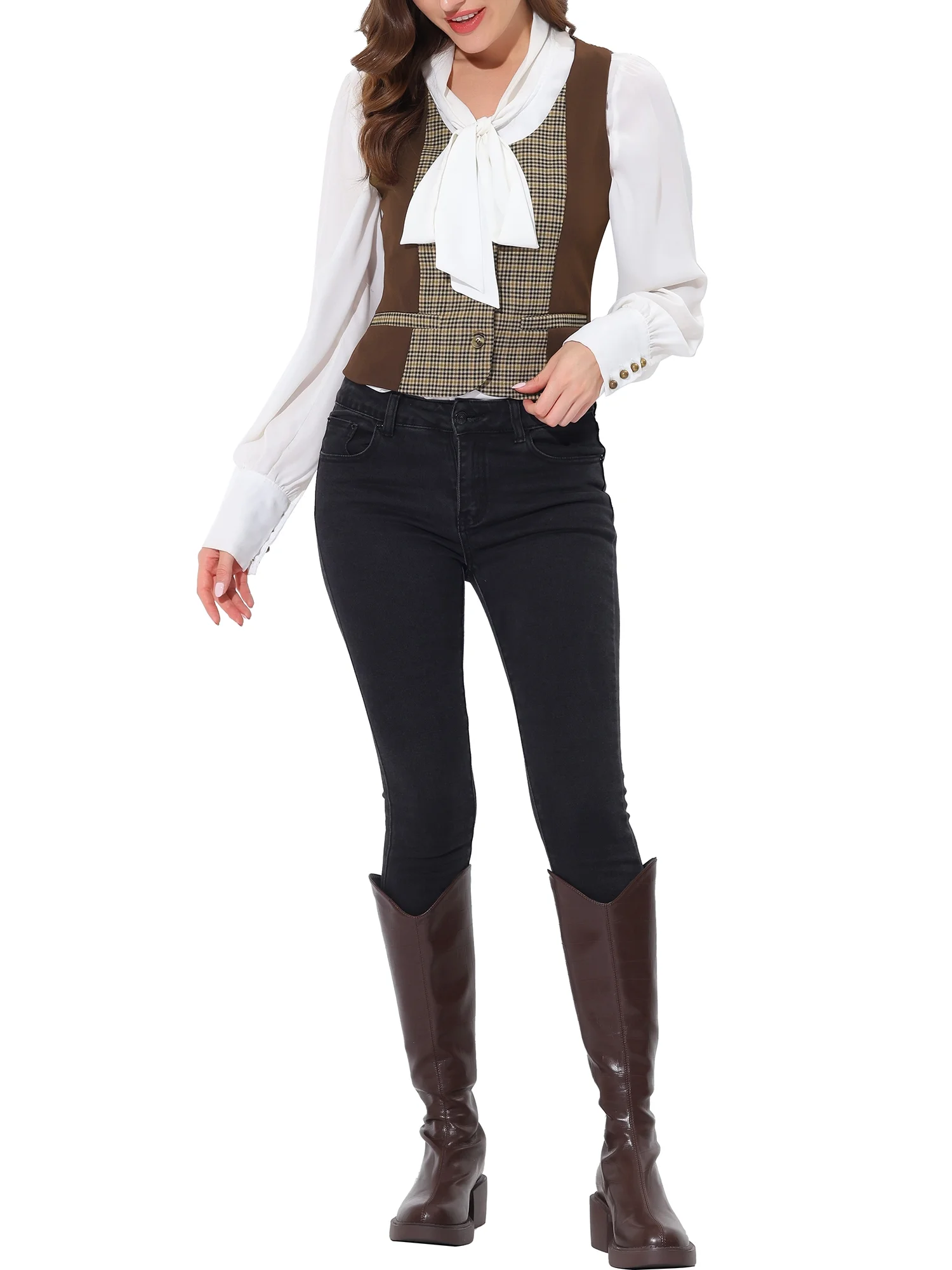 Allegra K Women's Halloween Costume Vintage Waistcoat Vest Plaid Button Down Work Dressy Vests