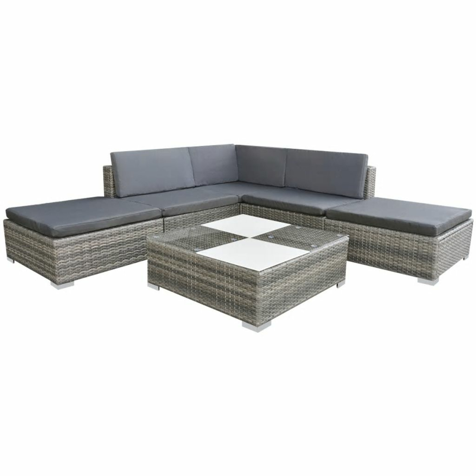 Dcenta 6 Piece Conversation Set, Cushioned Corner Sofa with 2 Center Sofas, 2 Footrest and Coffee Table, Gray Poly Rattan Sectional Sofa Set for Balcony Backyard Garden Patio Outdooor Furbiture
