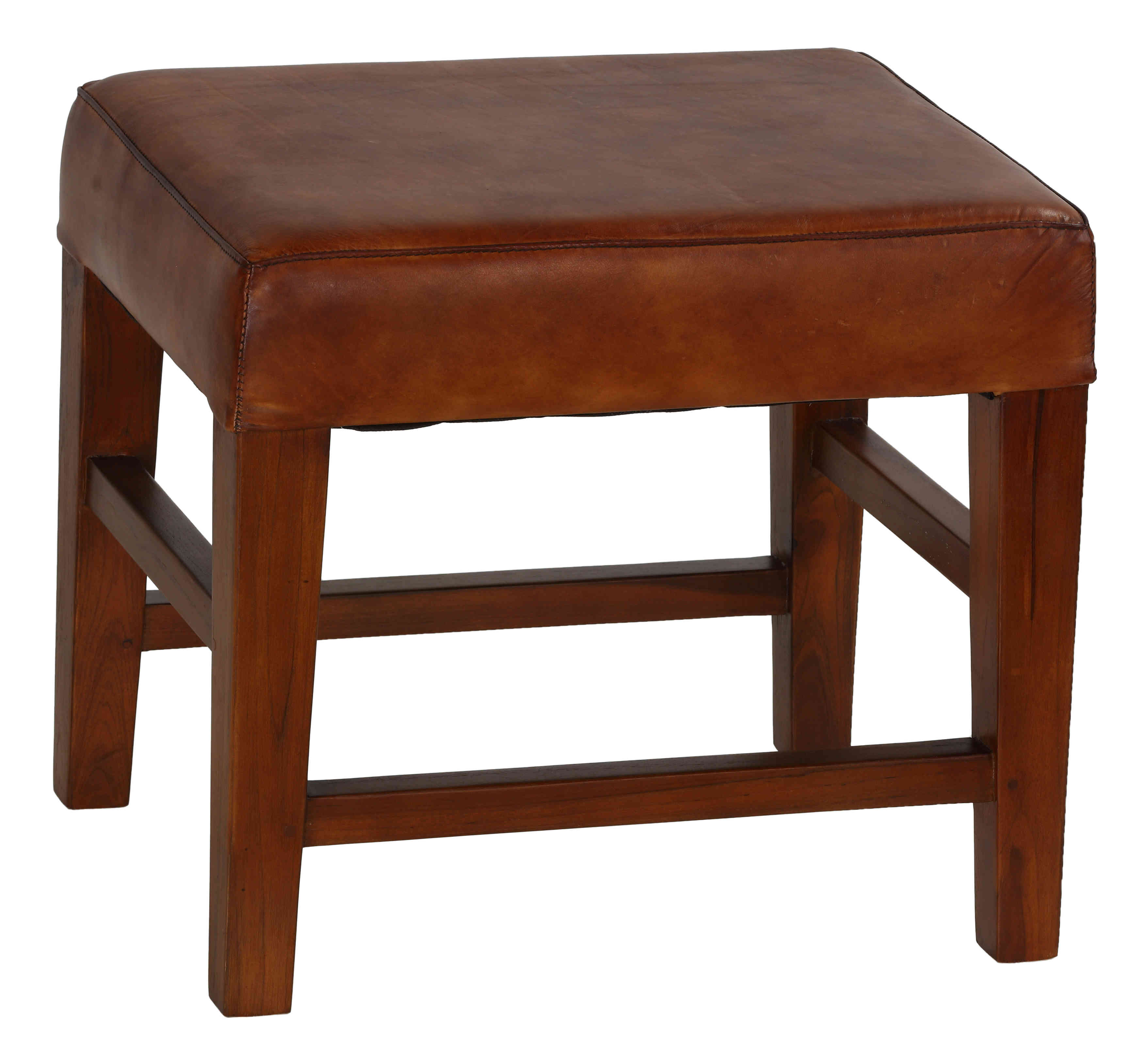 Bare Decor Alvin Genuine Leather Ottoman with Solid Teak Wood Legs, Brown