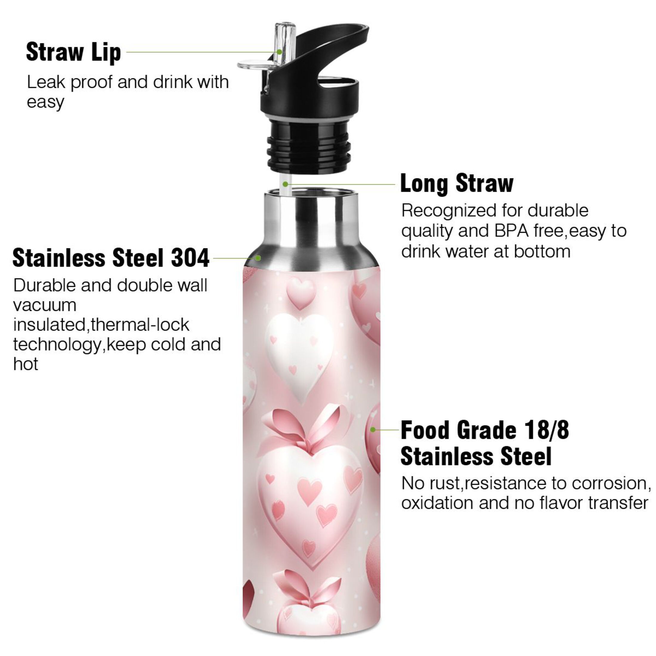 Valentines Love Water Bottles Insulated Thermos Kids Stainless Steel Bottle with Straw Lid Flask Leakproof for Sports Gym 20 oz