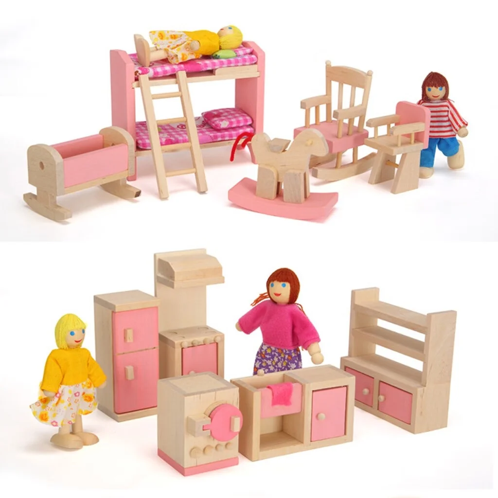 LBS Miniature Doll Child Wooden Toy People 8 Furniture House for Kid Family Dolls Education
