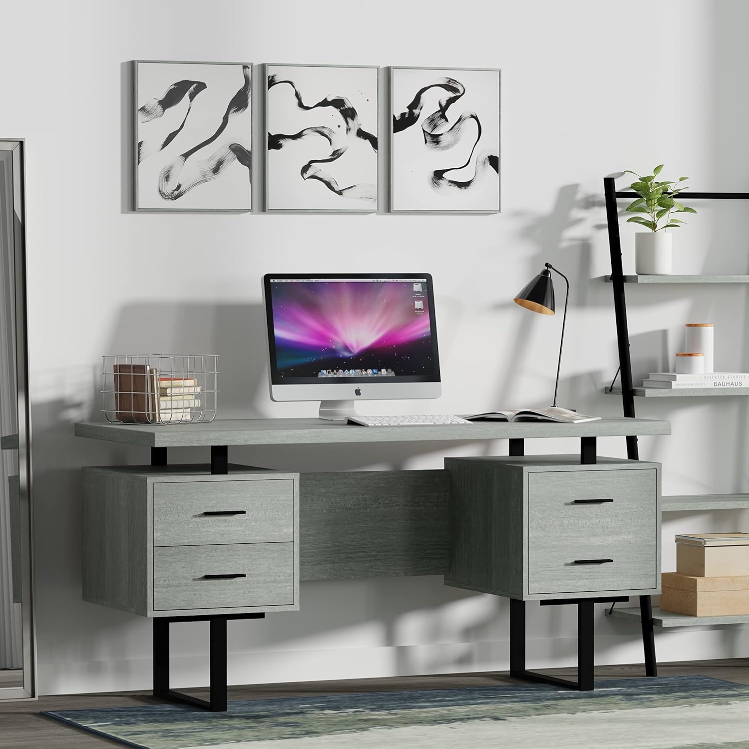 Mariposa Home Office Computer Desk - Grey Top, Grey Body, Black Metal, Black Hardware