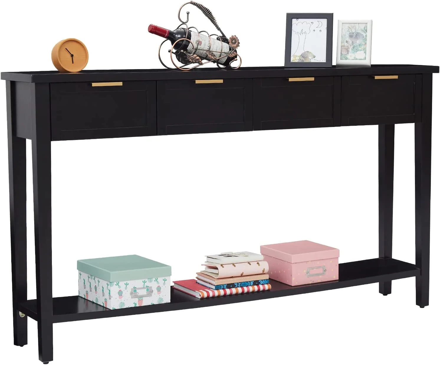 Kinbor Modern Long Console Table, 2-Tier Sofa Table for Living Rooms Hallways, Bright Black Finishing