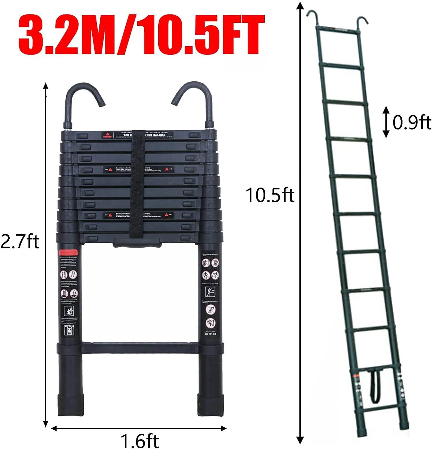 Dayplus 3.2 m Telescopic Ladder Extension Ladder with Removable Hook Multi-Purpose Ladder