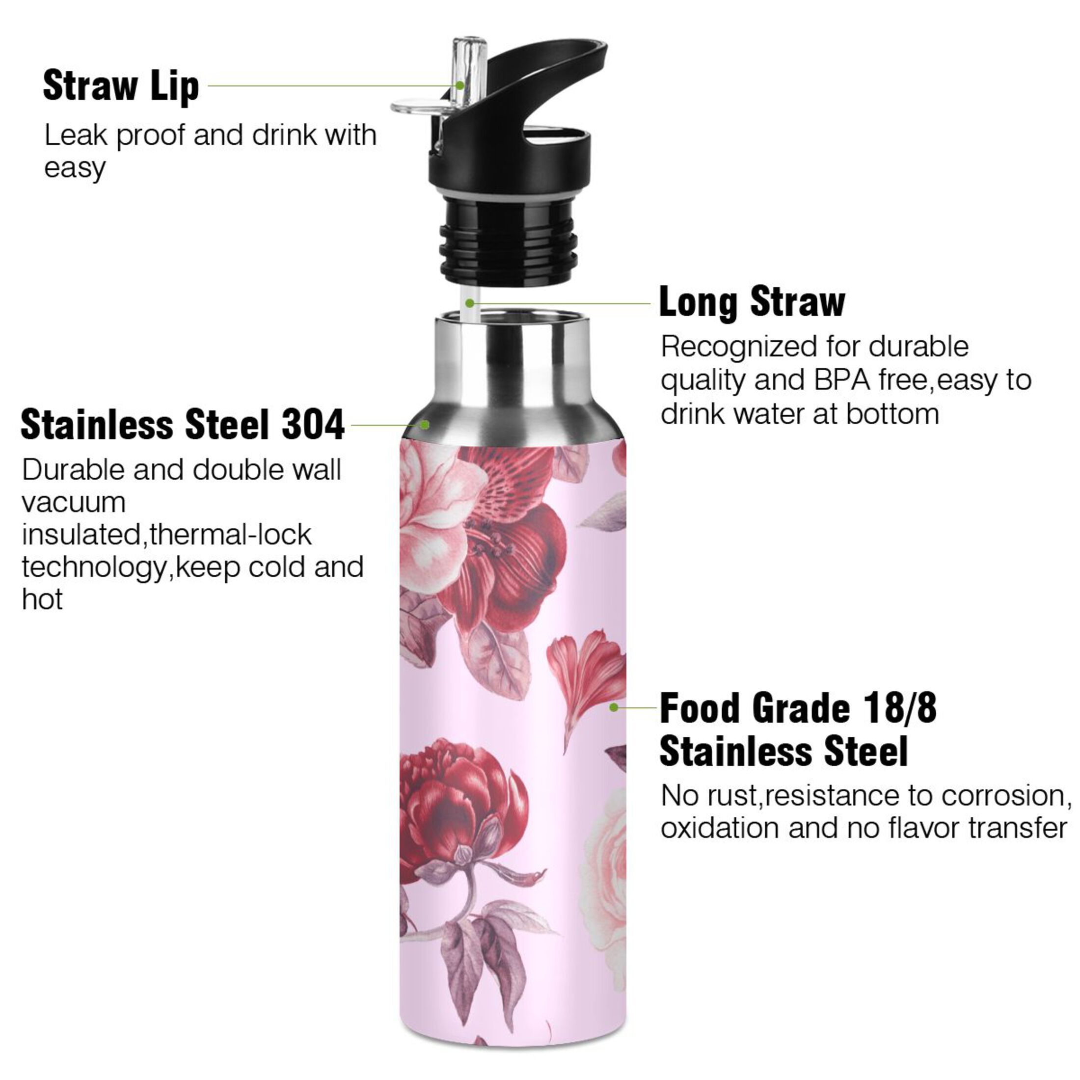 Beautiful Peony Flowers Water Bottles Insulated Thermos Kids Stainless Steel Bottle with Straw Lid Flask Leakproof for Sports Gym 20 oz