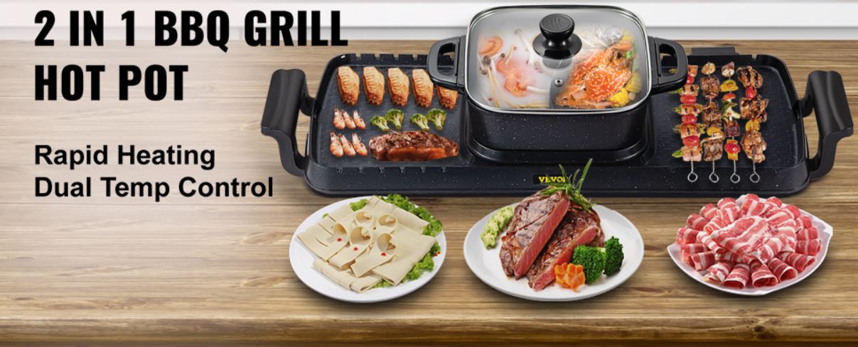 2in1 Electric BBQ Pan Grill Hot Pot 2400W Multifunction Home Portable Smokeless Nonstick Detachable Hot Pot Barbecue Plate