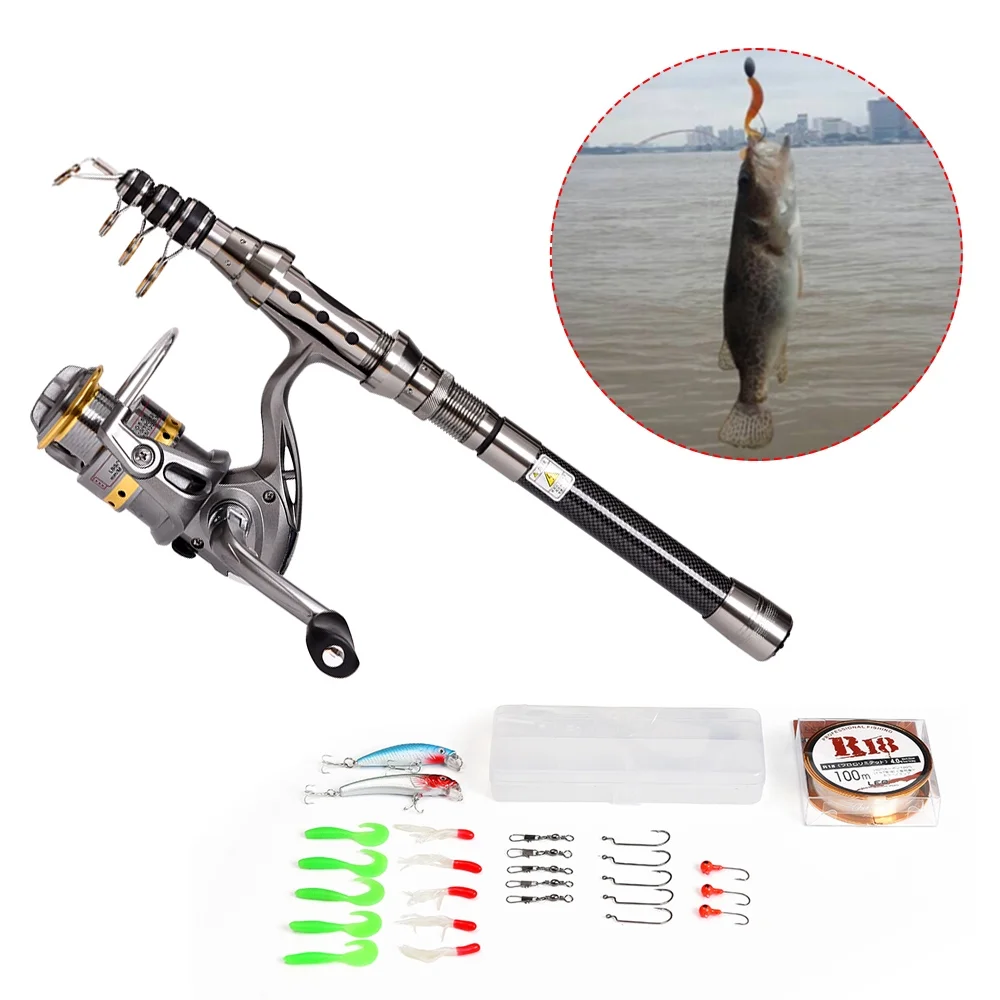 Lixada Telescopic Fishing Rod and Reel Combo Full Kit Spinning Fishing Reel Gear Organizer Pole Set with 100M Fishing Line Lures Hooks Jig Head and Carrier Bag