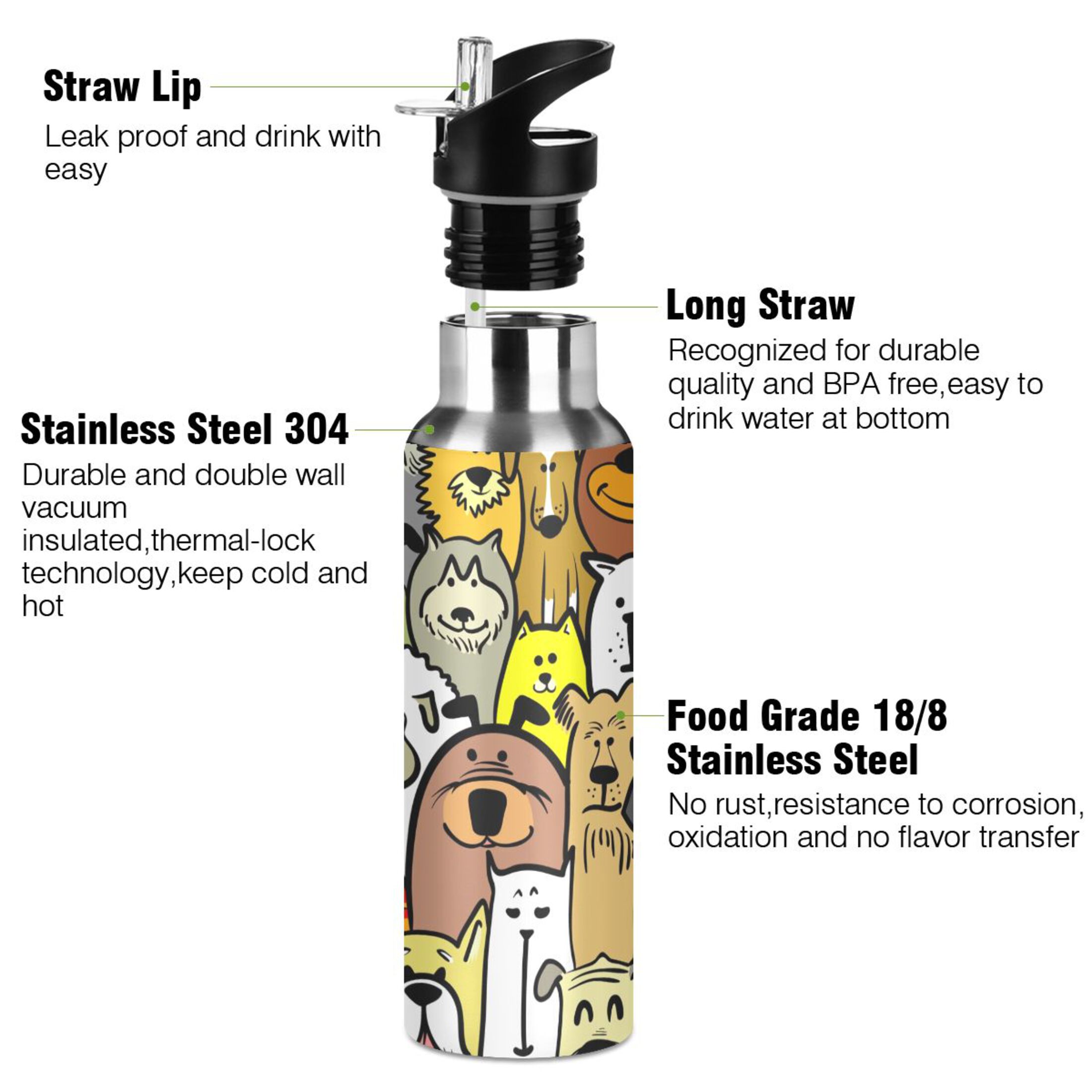 Water Bottle with Straw Lid Leak Cartoon Doodle Dogs Cats Stainless Steel Insulated Thermos Vacuum Flask for Cold Hot Drinking for Sports Camping Gym Yoga