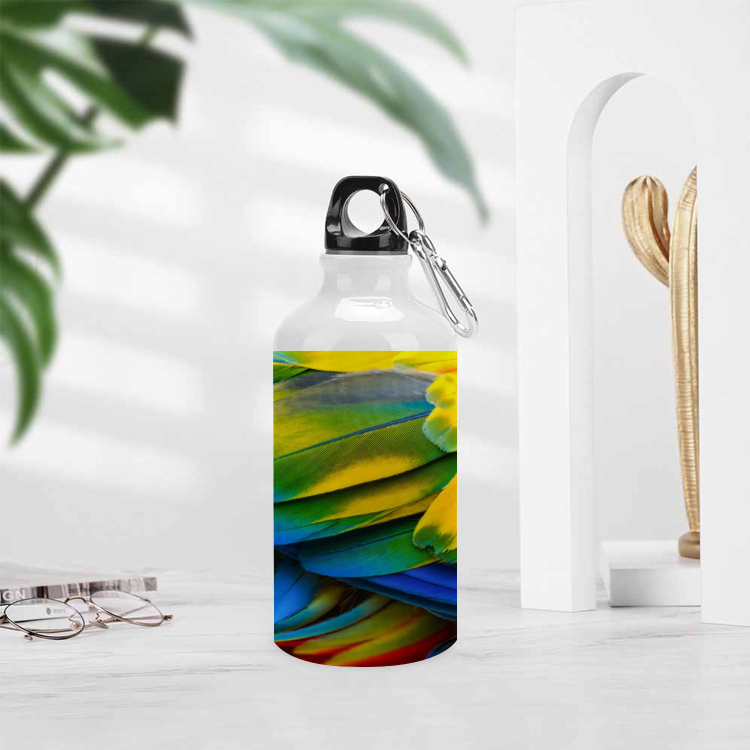 SKYSONIC 400ml Sport Aluminum Water Bottle,Macaw Bird's Feathers,Sport Multipack Leak Proof Easy Carry Travel Bottle with Twist Cap for Gym Hiking Camping Running Bike Outdoor