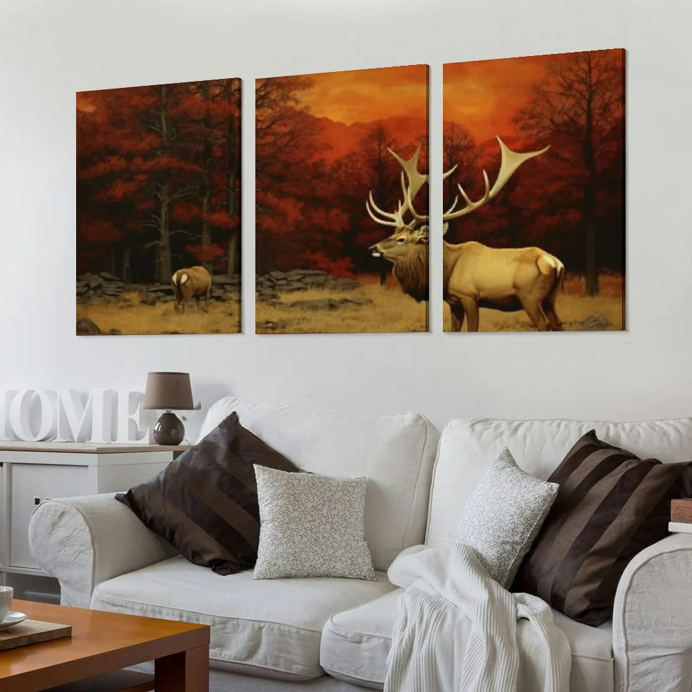 ONETECH  Cabin Canvas Wall Art Deer Elk in Forest Painting Pictures Wild Animal Prints for Home Wall Decor-12''x16''X3 Panels