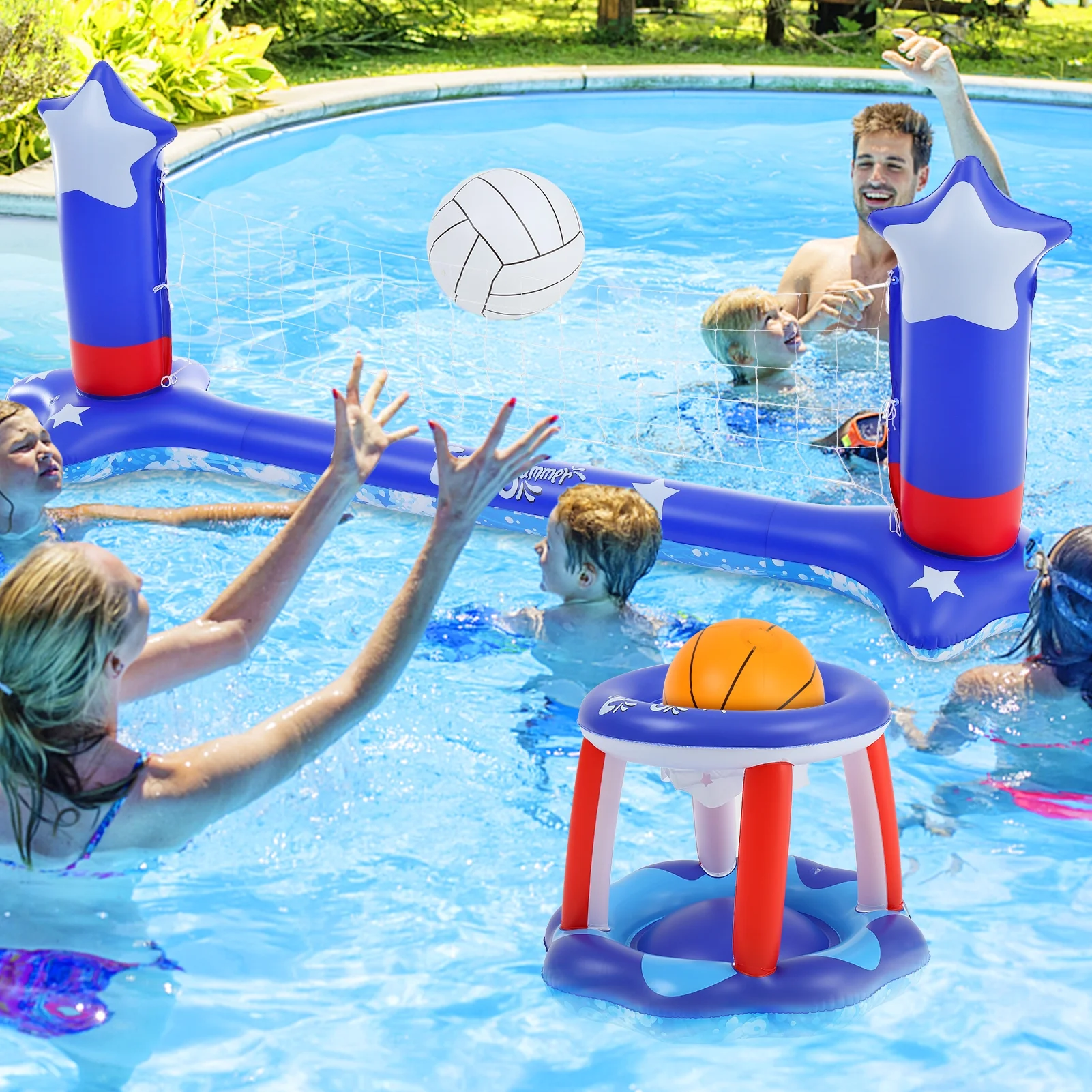 Leeten Outdoor Pool Float Toys Set with Volleyball Net & Basketball Hoops, Inflatable Beach Volleyball Game Set, Swimming Pool Water Toys for Adults Kids Family