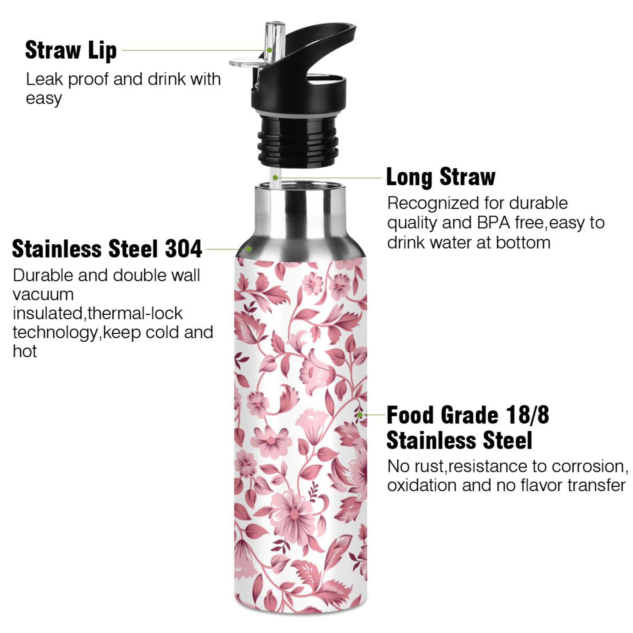 Abstract Pink Floral Water Bottles Insulated Thermos Kids Stainless Steel Bottle with Straw Lid Flask Leakproof for Sports Gym 20 oz