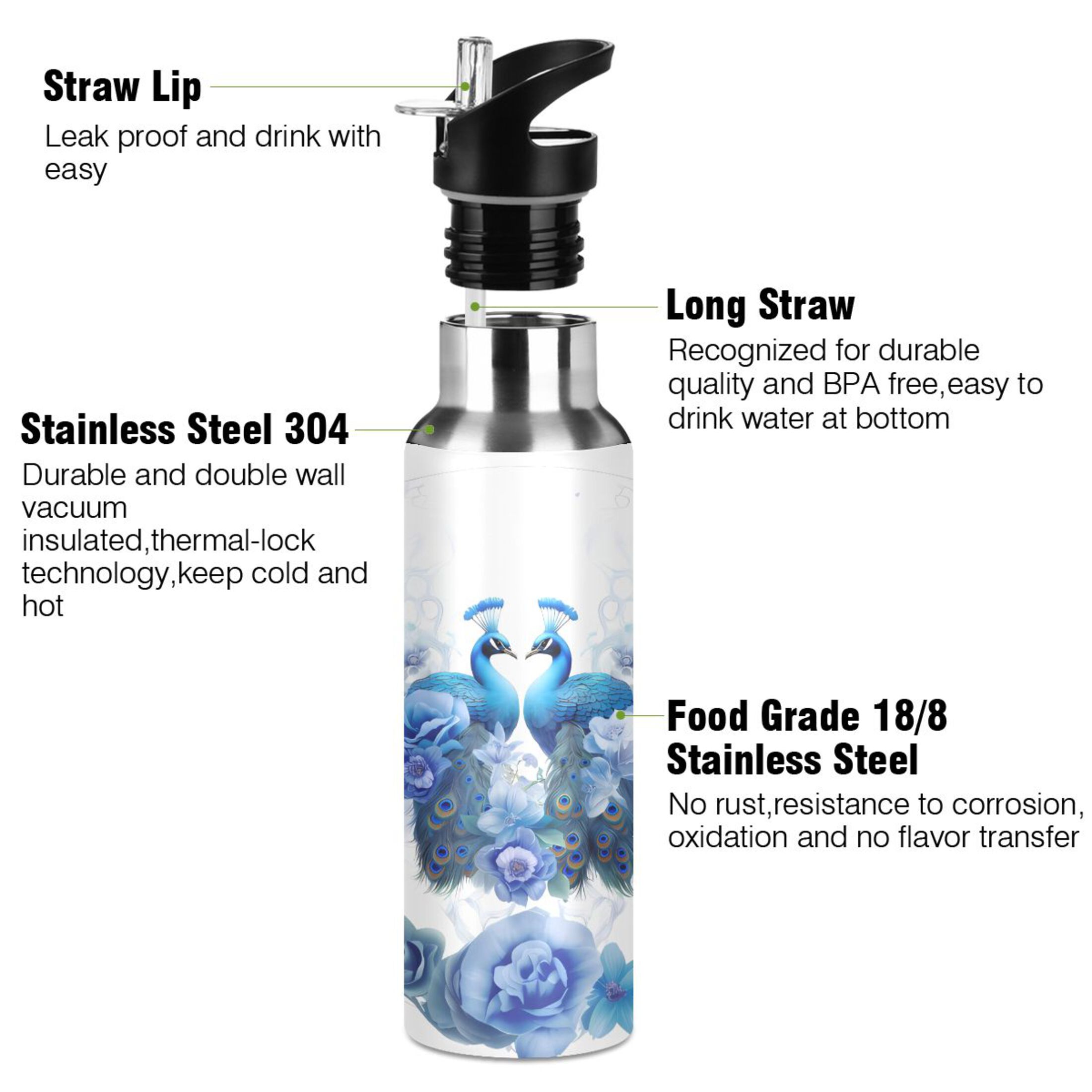 Water Bottle with Straw Lid Leak Flowers and Peacocks Stainless Steel Insulated Thermos Vacuum Flask for Cold Hot Drinking for Sports Camping Gym Yoga
