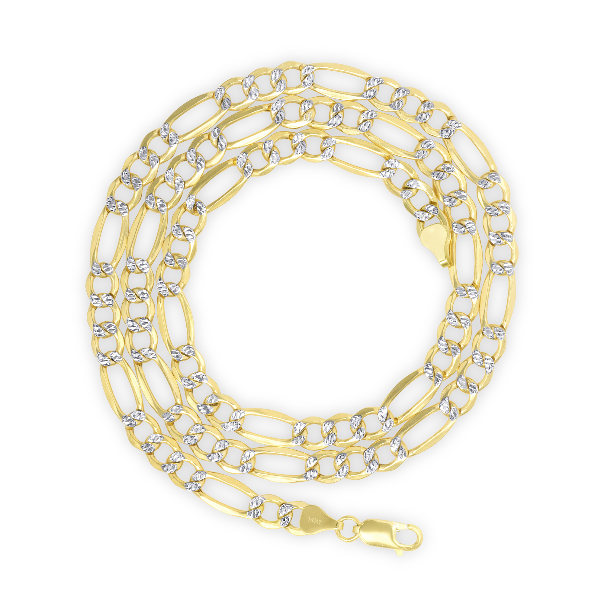 Nuragold 14k Yellow Gold Solid 7.5mm Figaro Chain Link Diamond Cut Pave Two Tone Necklace, Mens Jewelry 20