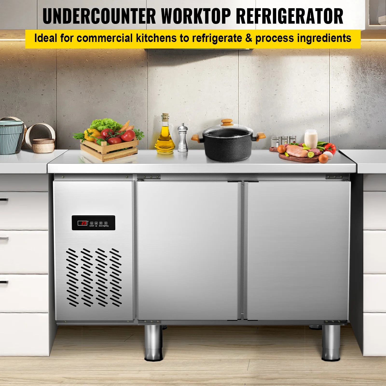 VEVOR Worktop Refrigerator, 48 in 410 Stainless Steel Undercounter Commercial Fridge, 2 Door 10 Cu.ft. Restaurant Fridge w/ High Quality Motor Thickened Foaming Layer for Commercial Kitchen