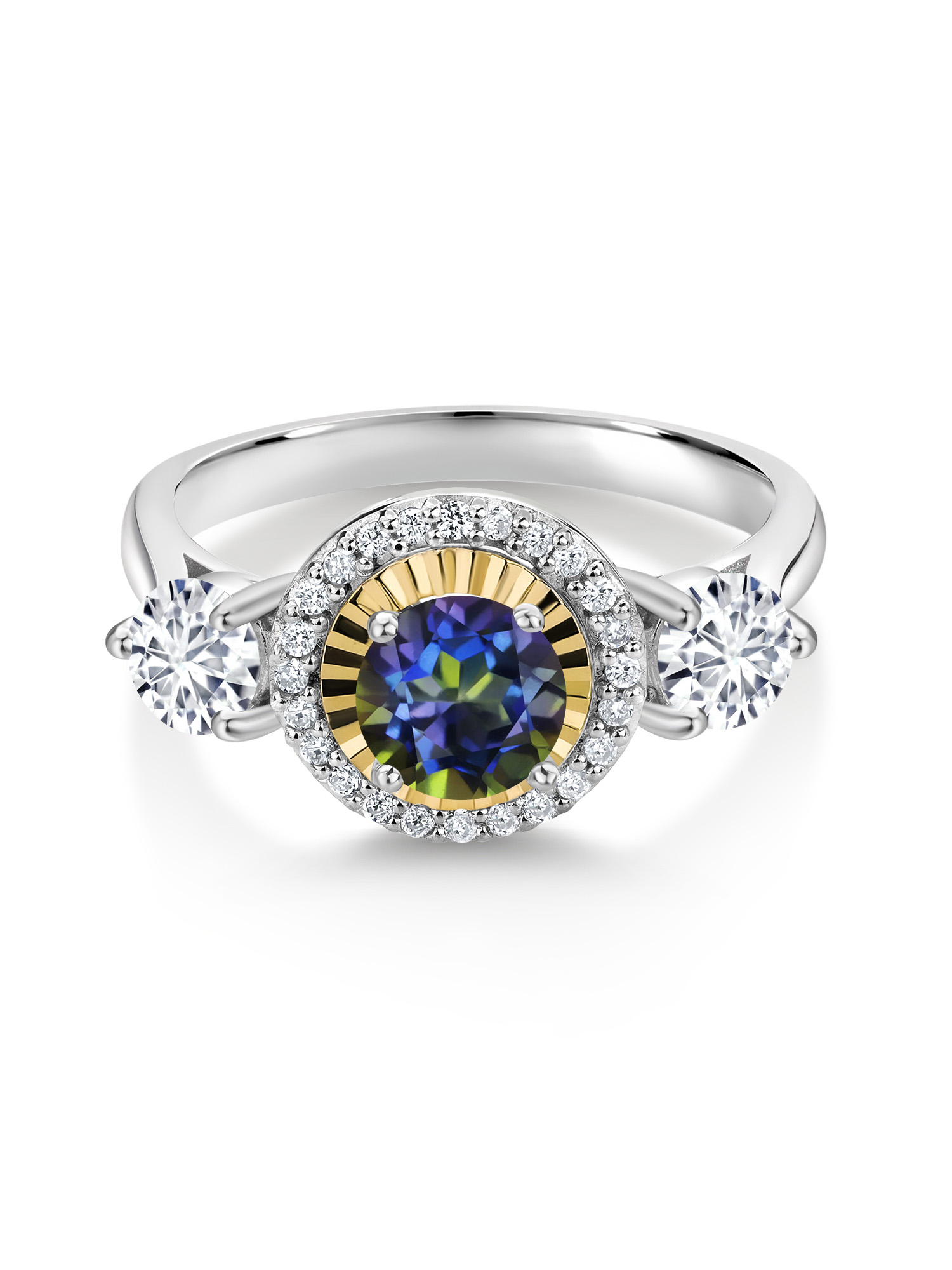 Gem Stone King 1.16 Ct Blue Mystic Topaz G-H Lab Grown Diamond 925 Silver and 10K Yellow Gold Lab Grown Diamond 3 Stone Women Engagement Ring