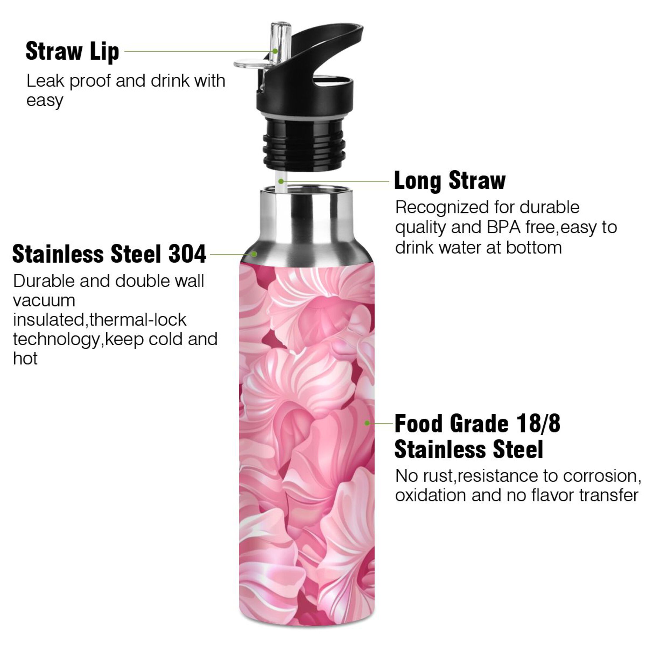Seashells with Pink Water Bottles Insulated Thermos Kids Stainless Steel Bottle with Straw Lid Flask Leakproof for Sports Gym 20 oz