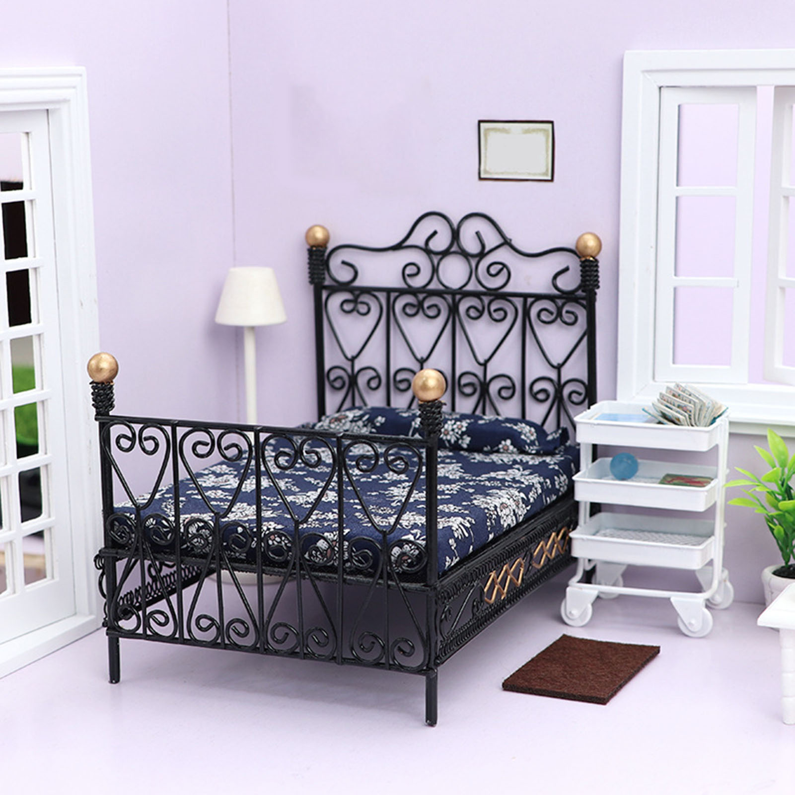 Skindy Lovely Metal Dollhouse Double Bed - Compact Size - Simulation - Decoration
